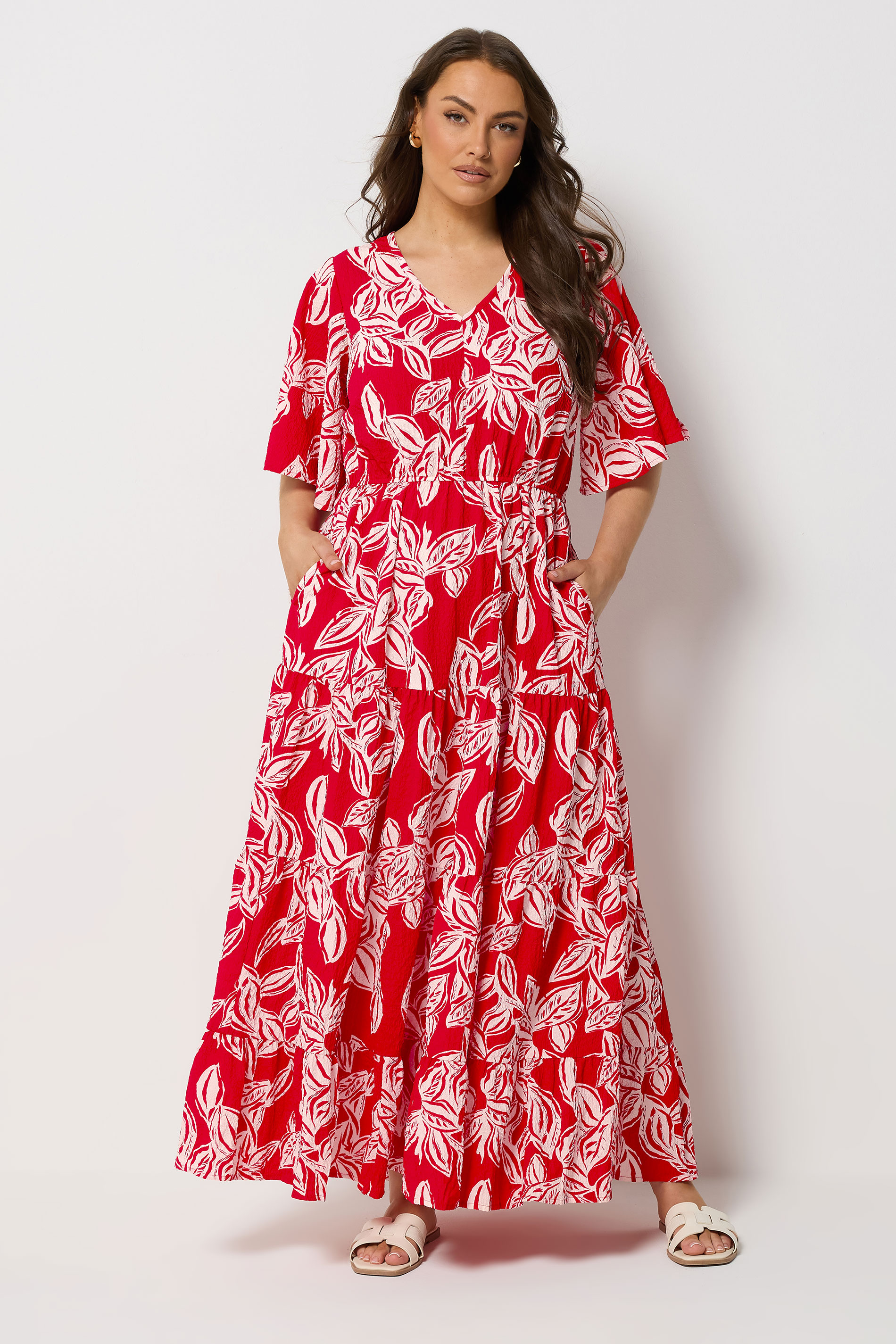 YOURS Plus Size Red Leaf Print Tiered Maxi Dress | Yours Clothing 1