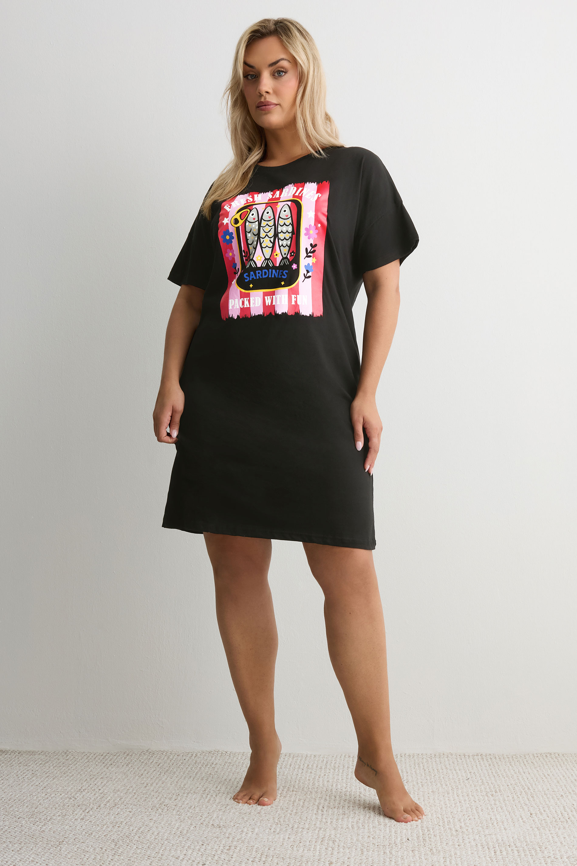 YOURS Plus Size Black 'Fresh Sardines' Sleep Tee Nightdress | Yours Clothing 1