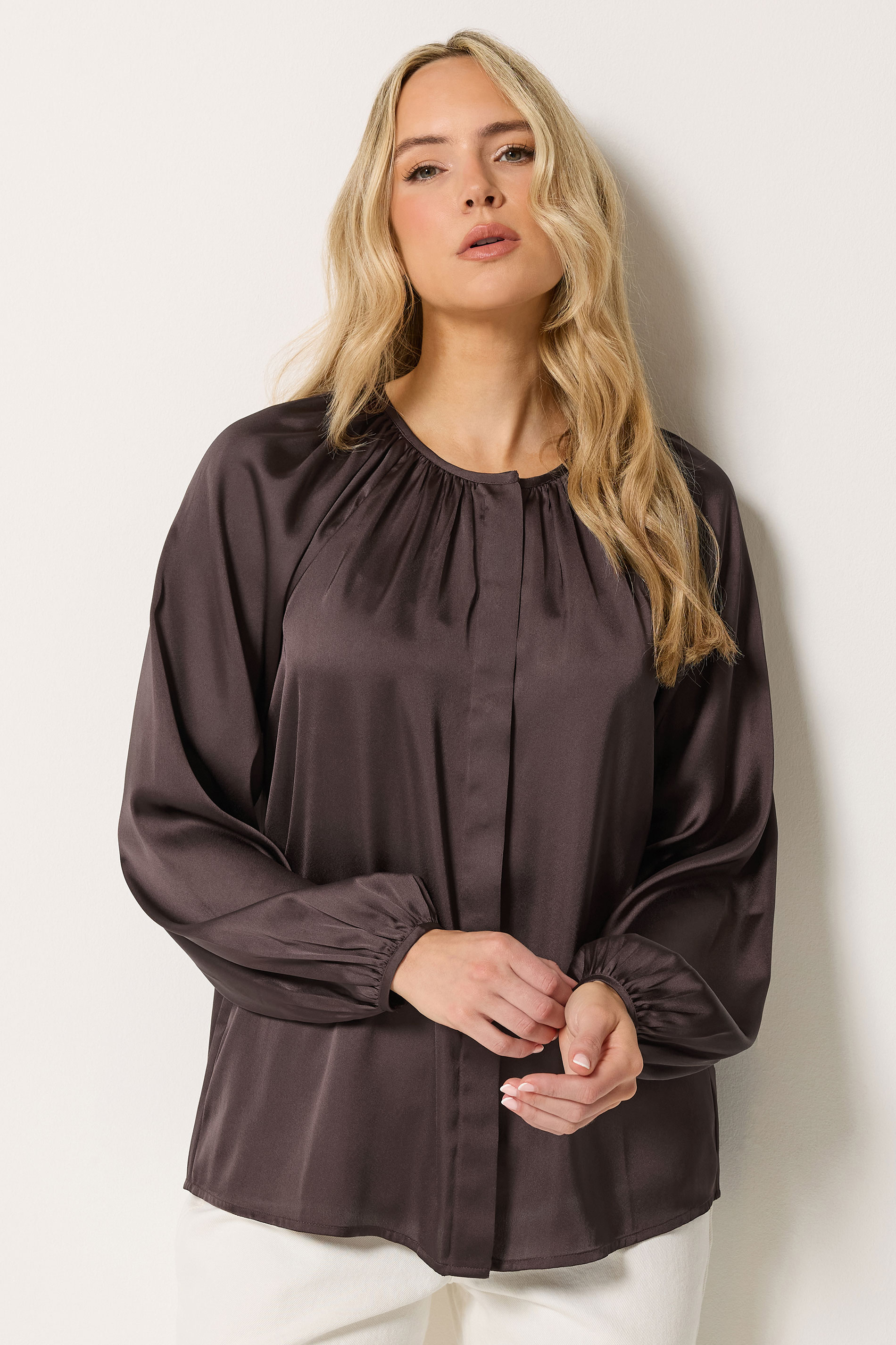 LTS Tall Women's Chocolate Brown Satin Button Top | Long Tall Sally 3