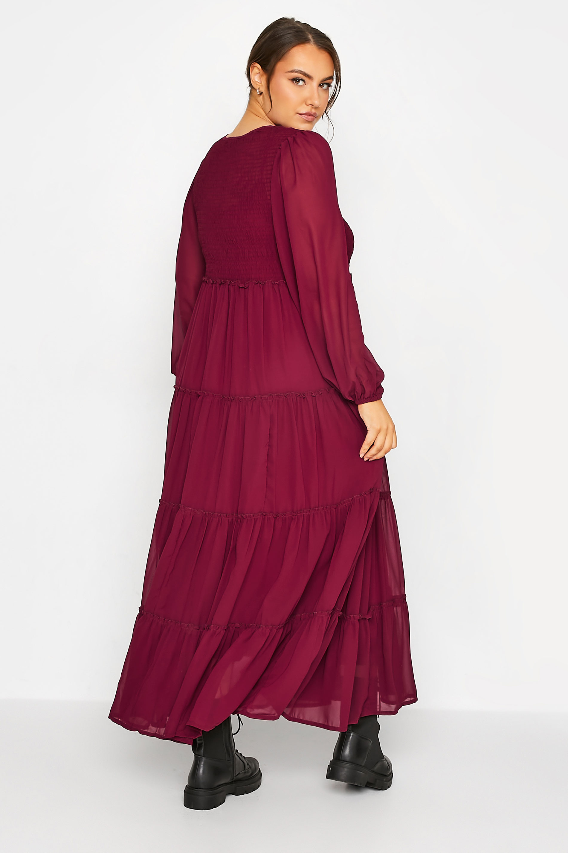 LIMITED COLLECTION Curve Burgundy Red Tierred Chiffon Dress 3