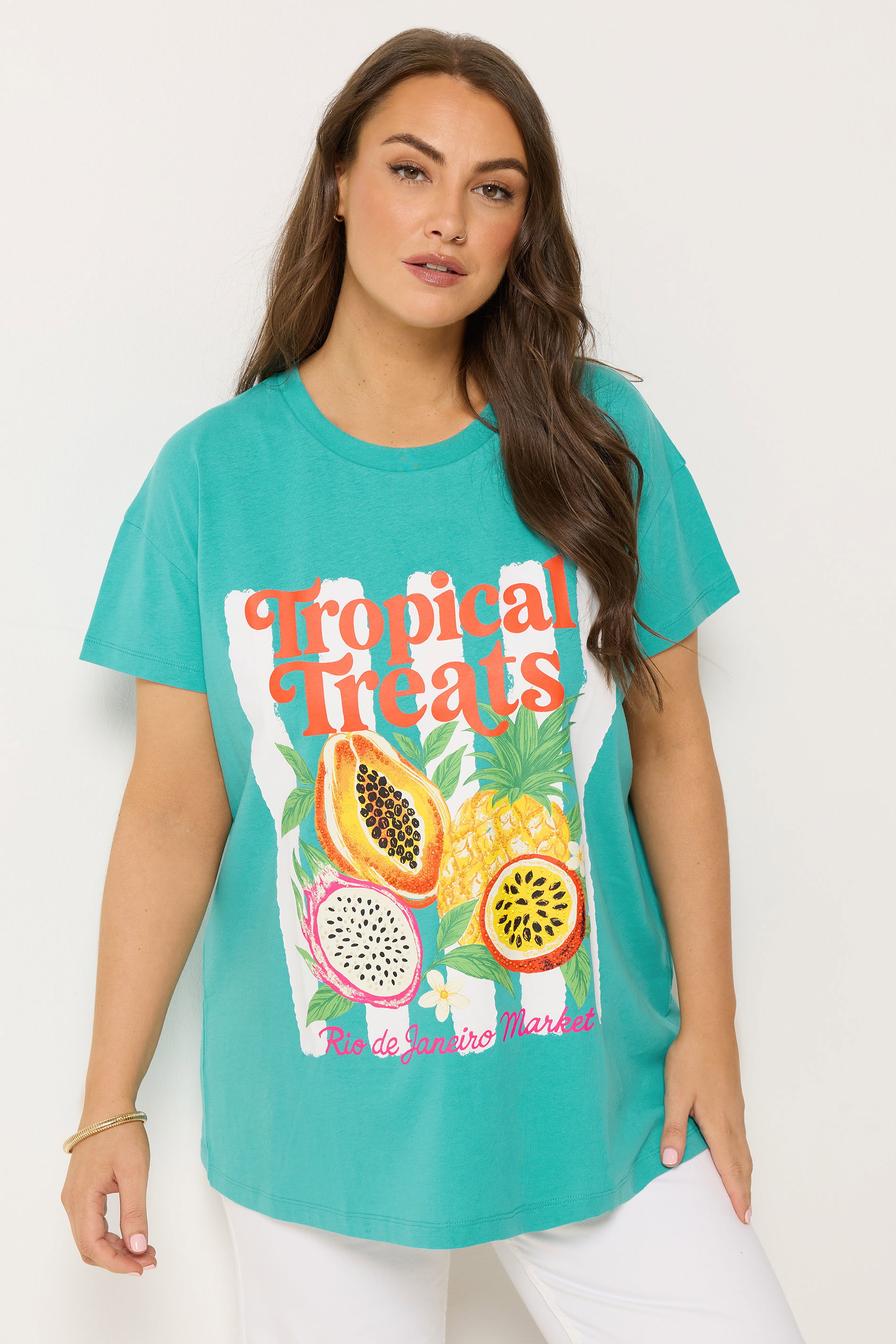YOURS Plus Size Teal Blue 'Tropical Treats' Beaded T-Shirt | Yours Clothing 3