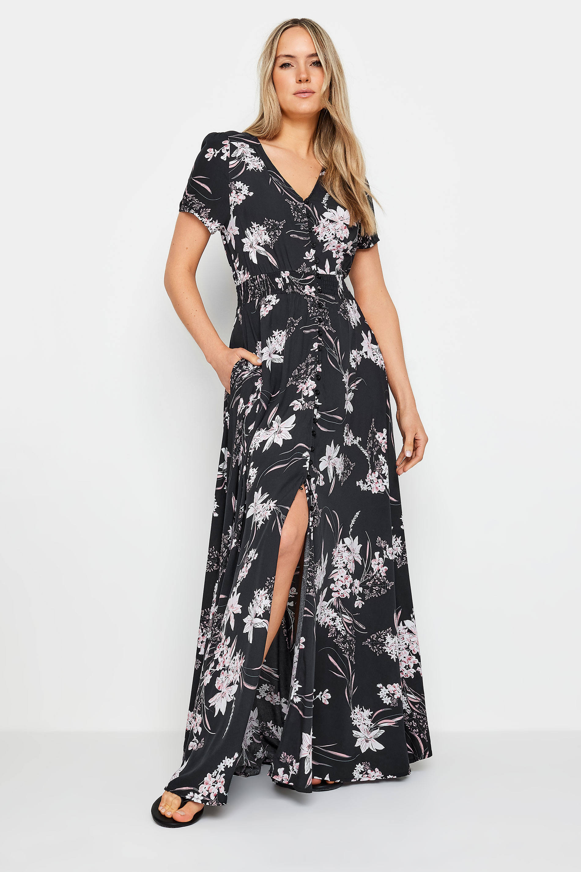 LTS Tall Women's Black Floral Print Shirred Waist Maxi Dress | Long Tall Sally 1