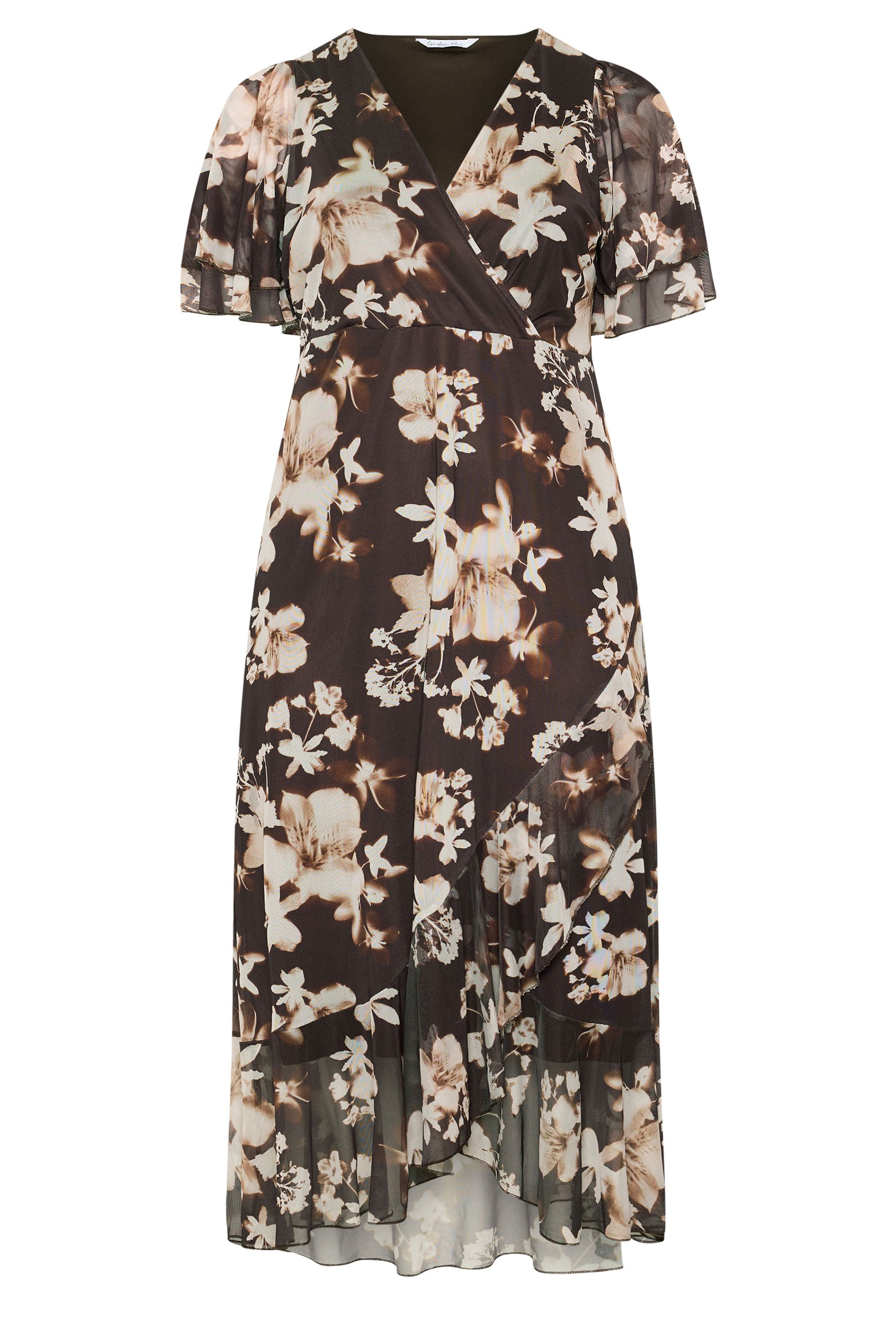 YOURS LONDON Plus Size Chocolate Brown Blurred Floral Wrap Dress | Yours Clothing 5