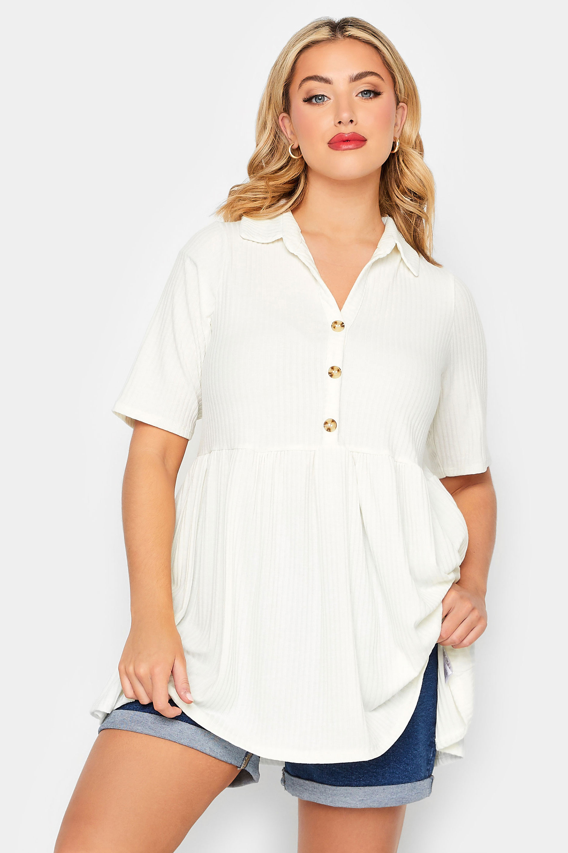 LIMITED COLLECTION Plus Size White Ribbed Button Through Peplum Top | Yours Clothing 1