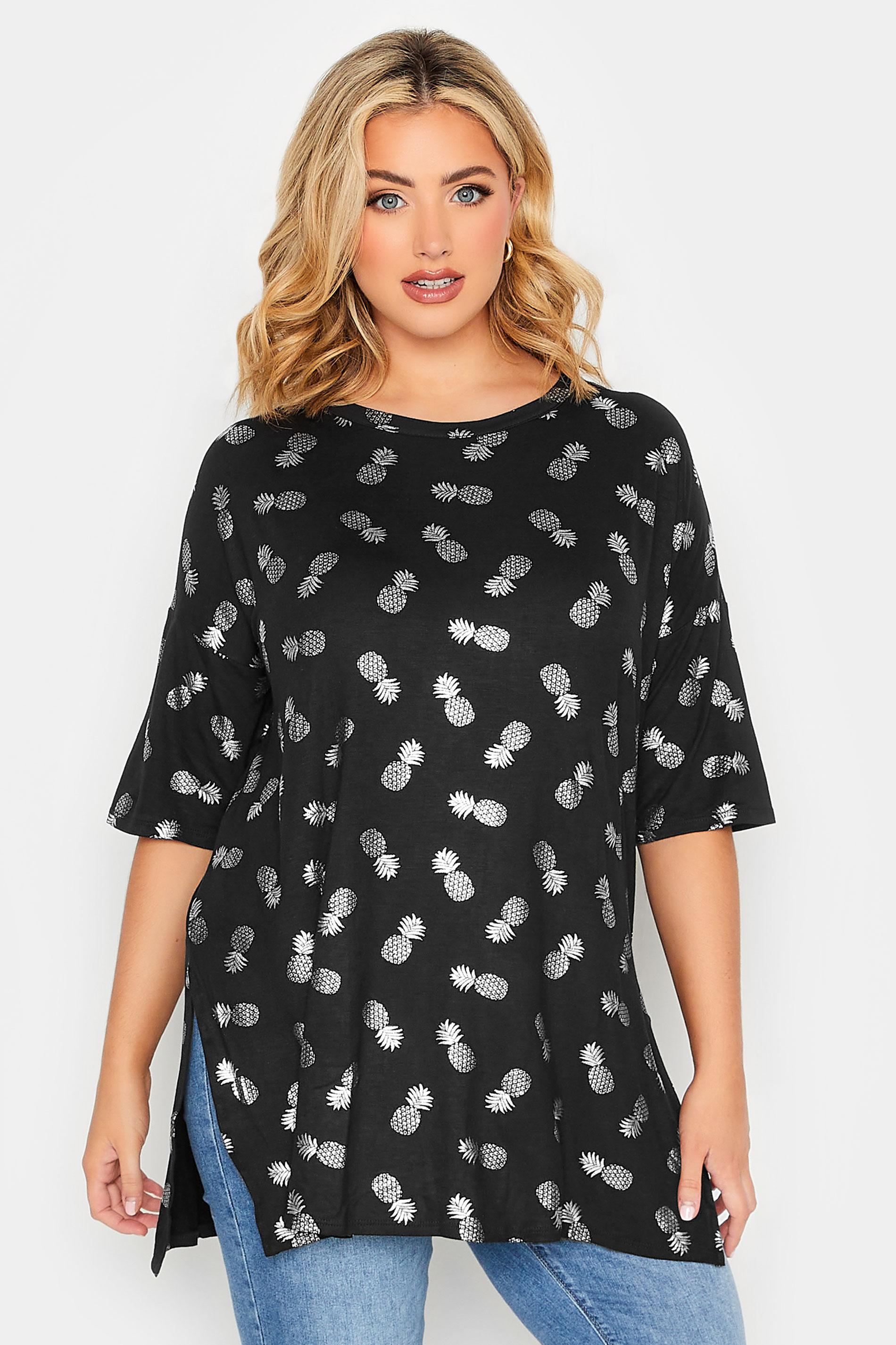 YOURS Plus Size Black Pineapple Foil Print T-Shirt | Yours Clothing 1