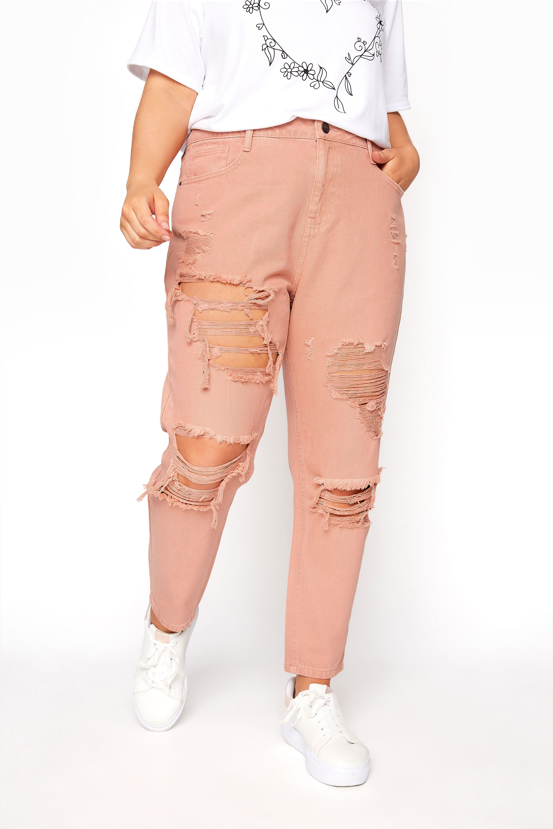 YOURS FOR GOOD Curve Blush Pink Extreme Distressed MOM Jeans_B.jpg