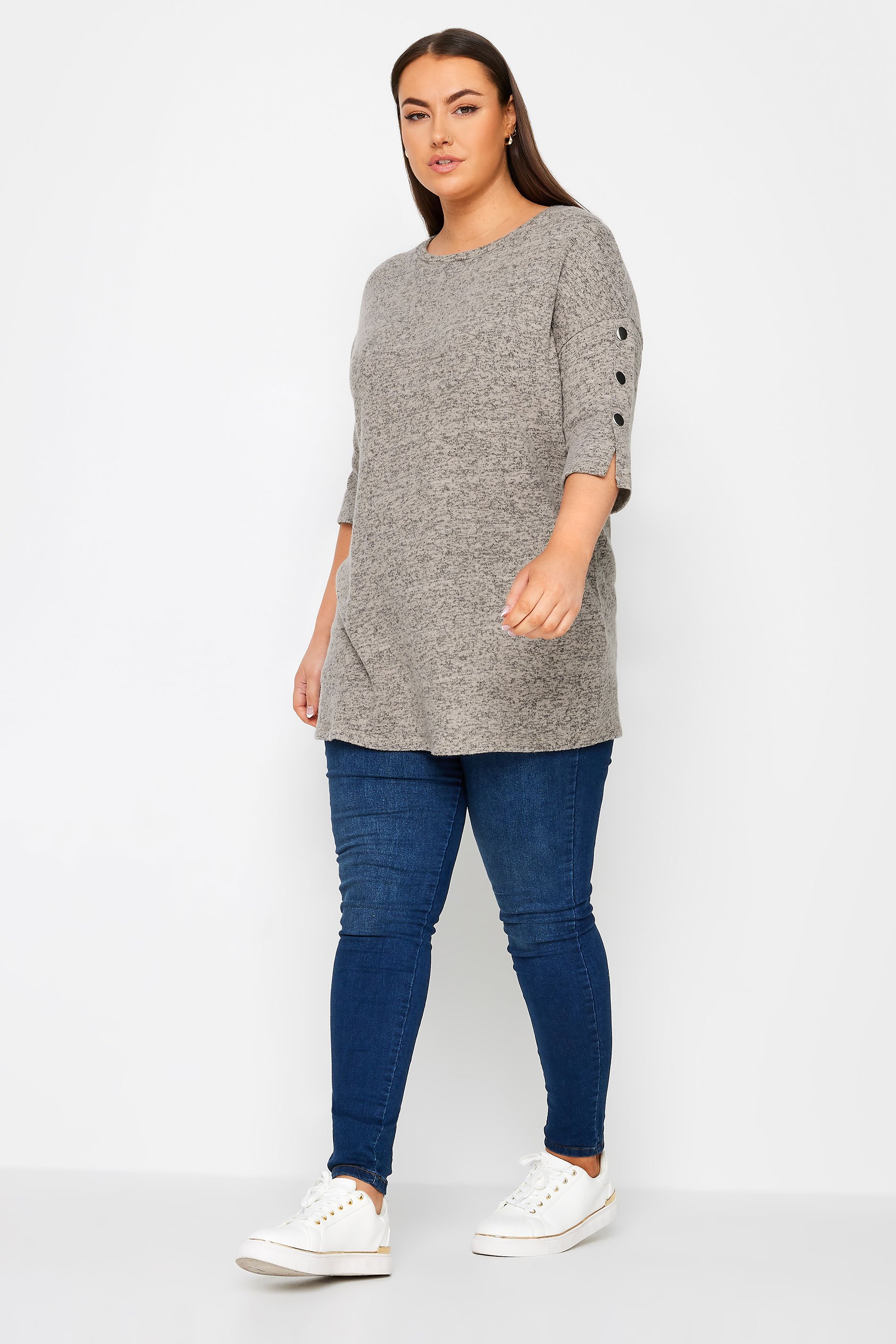 YOURS Plus Size Grey Button Sleeve Jumper | Yours Clothing