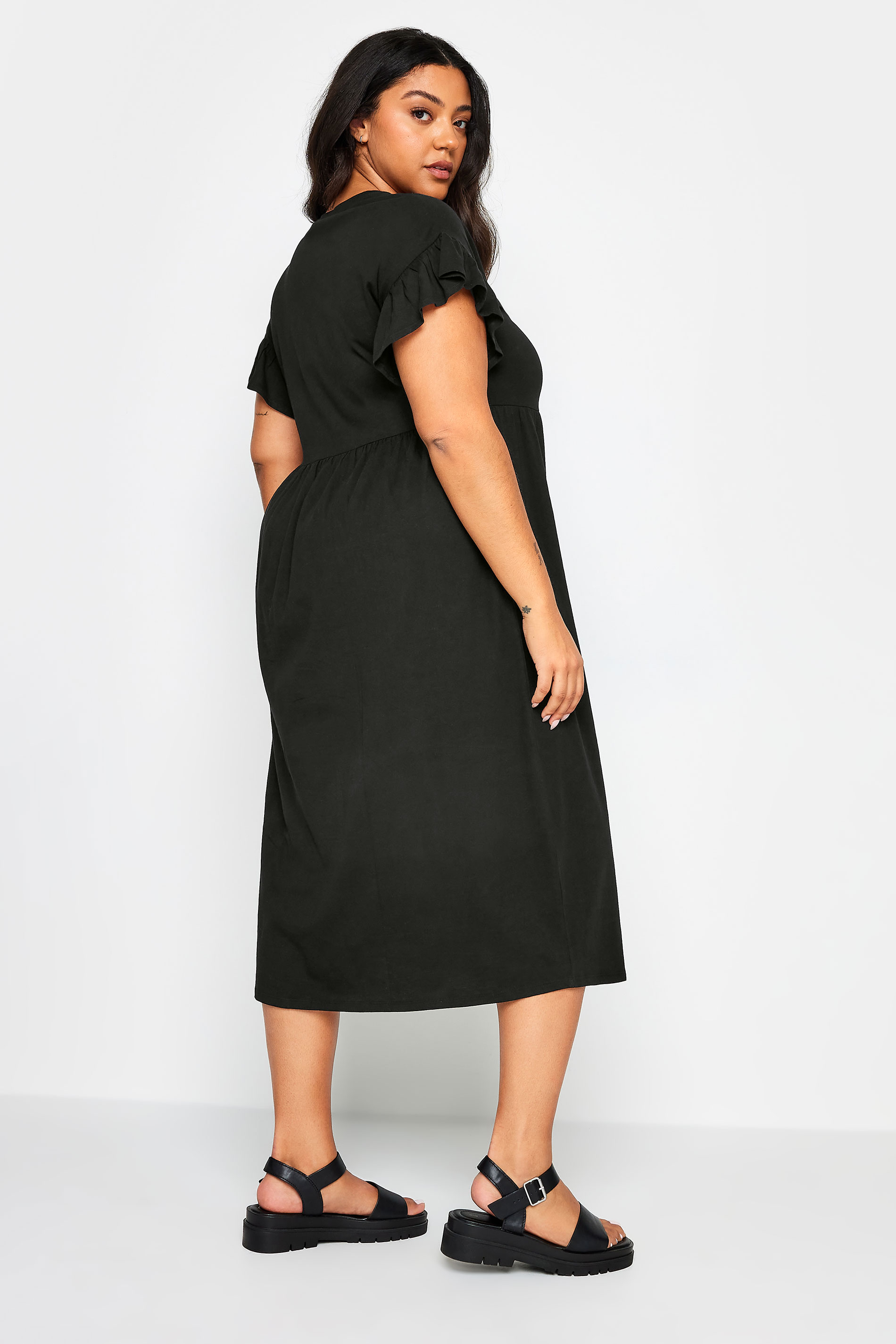 YOURS Plus Size Black Pure Cotton Frill Sleeve Midaxi Dress | Yours Clothing 3