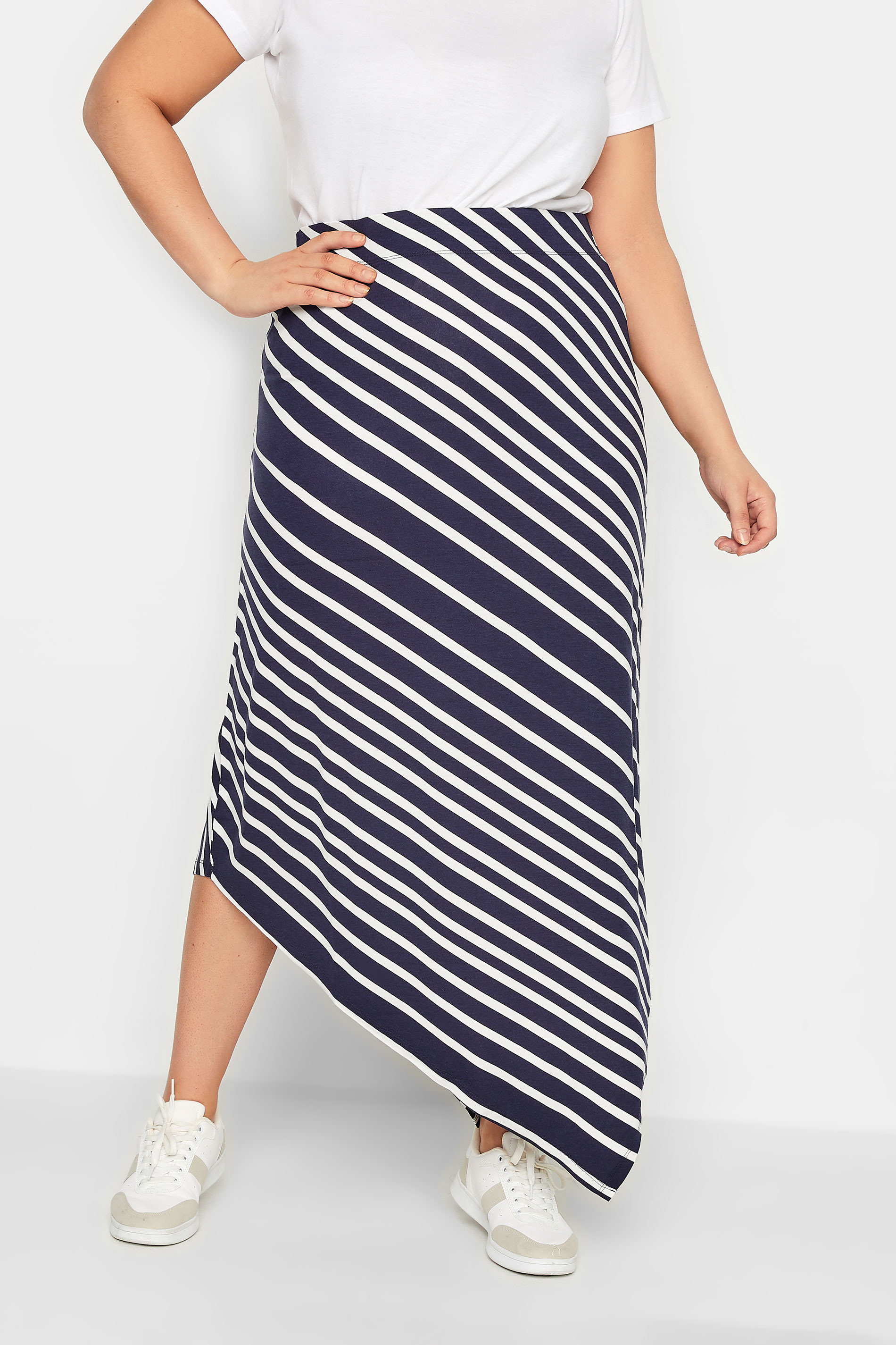 YOURS Curve Plus Size Navy Blue Stripe Asymmetric Skirt | Yours Clothing  1