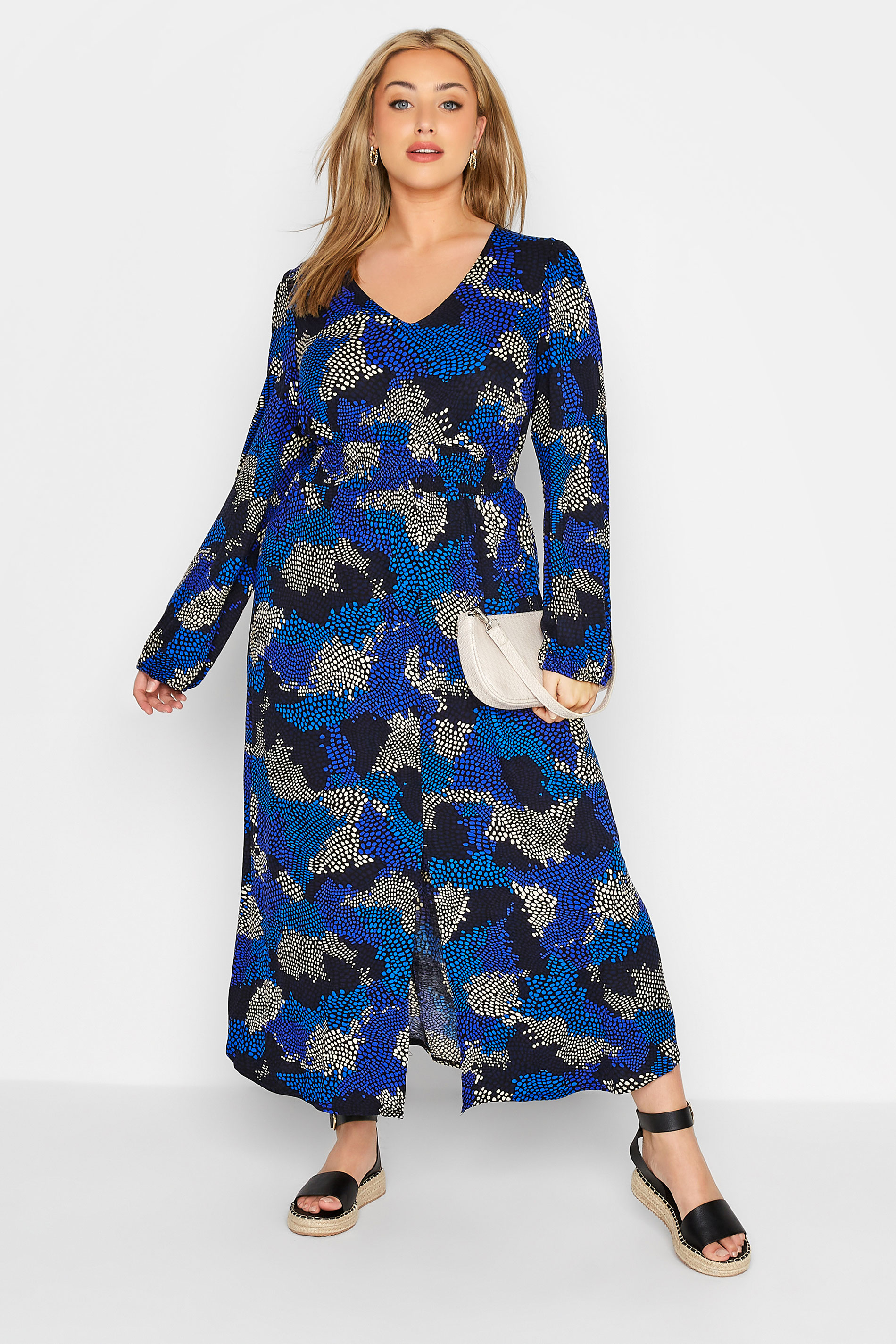 Plus Size YOURS LONDON Blue Spot Print Shirred Waist Maxi Dress | Yours Clothing 1