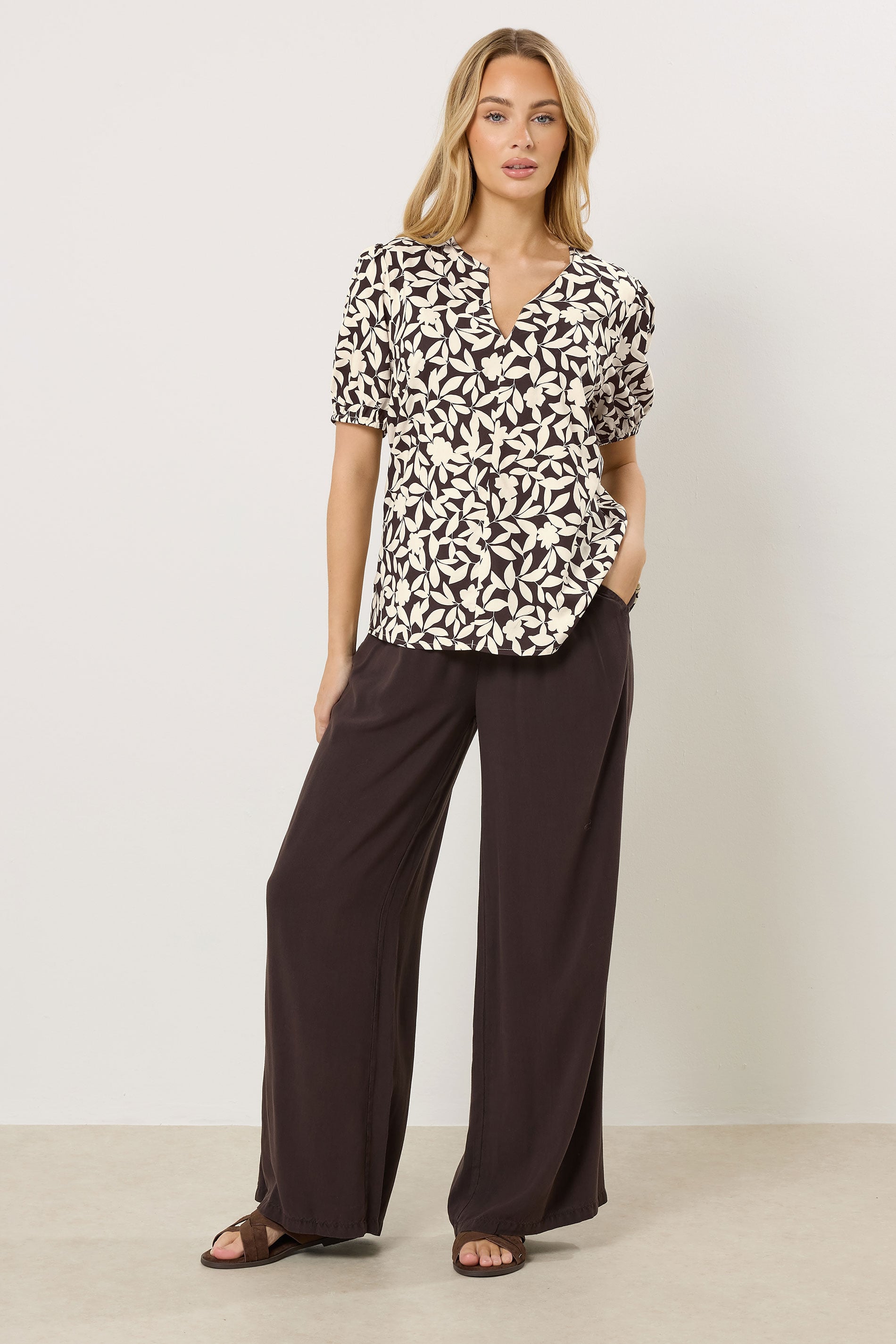M&Co Brown Floral Notch Neck Blouse | M&Co 2