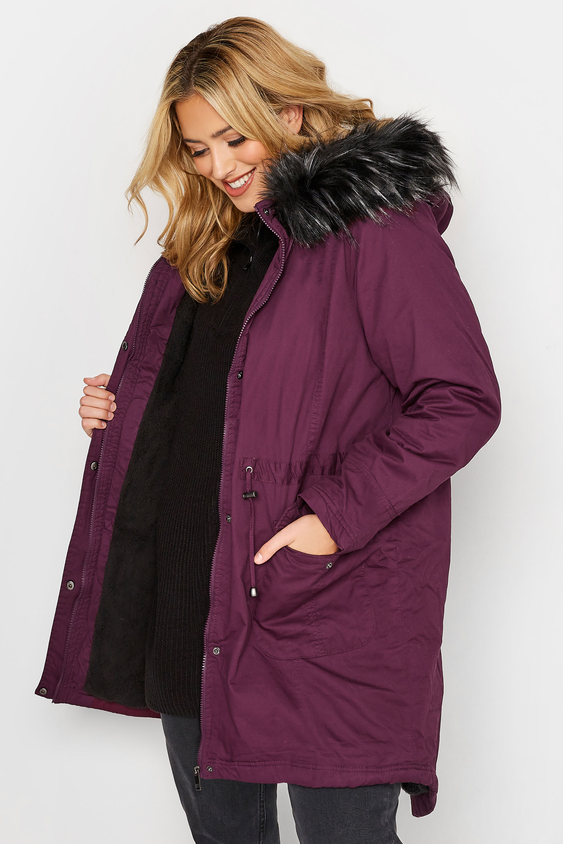 Plus Size Purple Faux Fur Lined Hooded Parka Coat | Yours Clothing 1