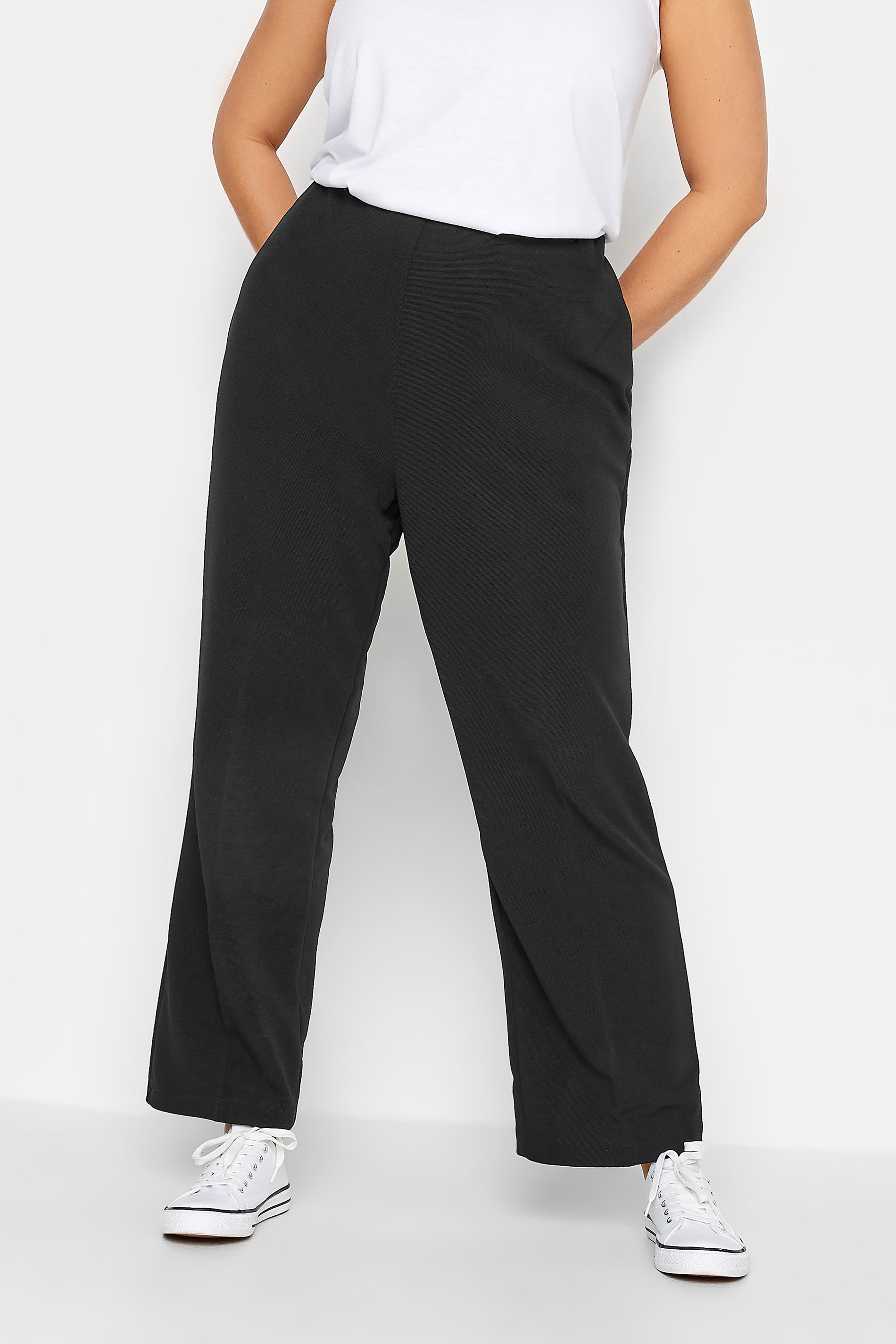 Plus Size Black Pull On Ribbed Bootcut Trousers | Yours Clothing 1