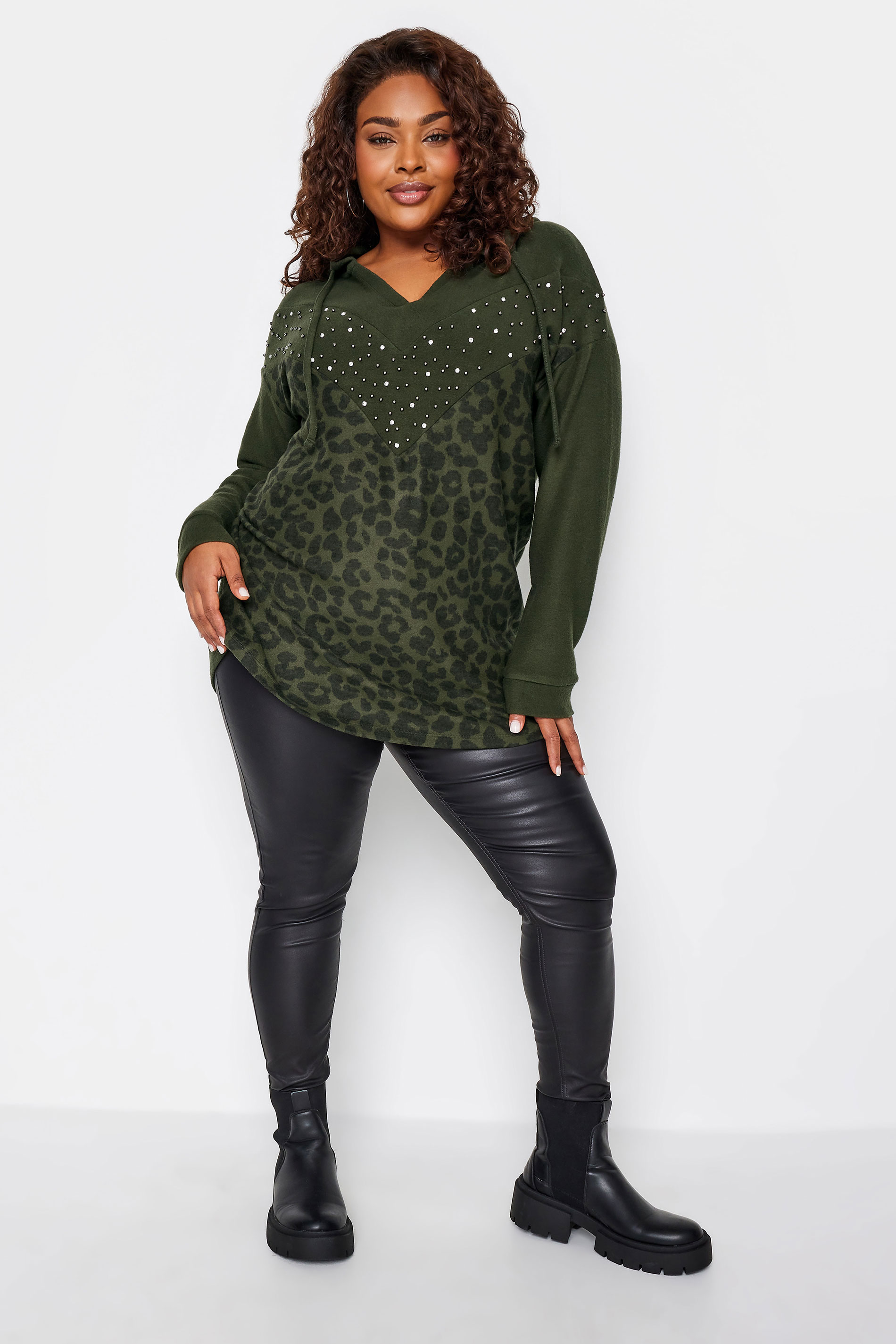 YOURS Plus Size Khaki Green Leopard Print Embellished Hoodie | Yours Clothing 2
