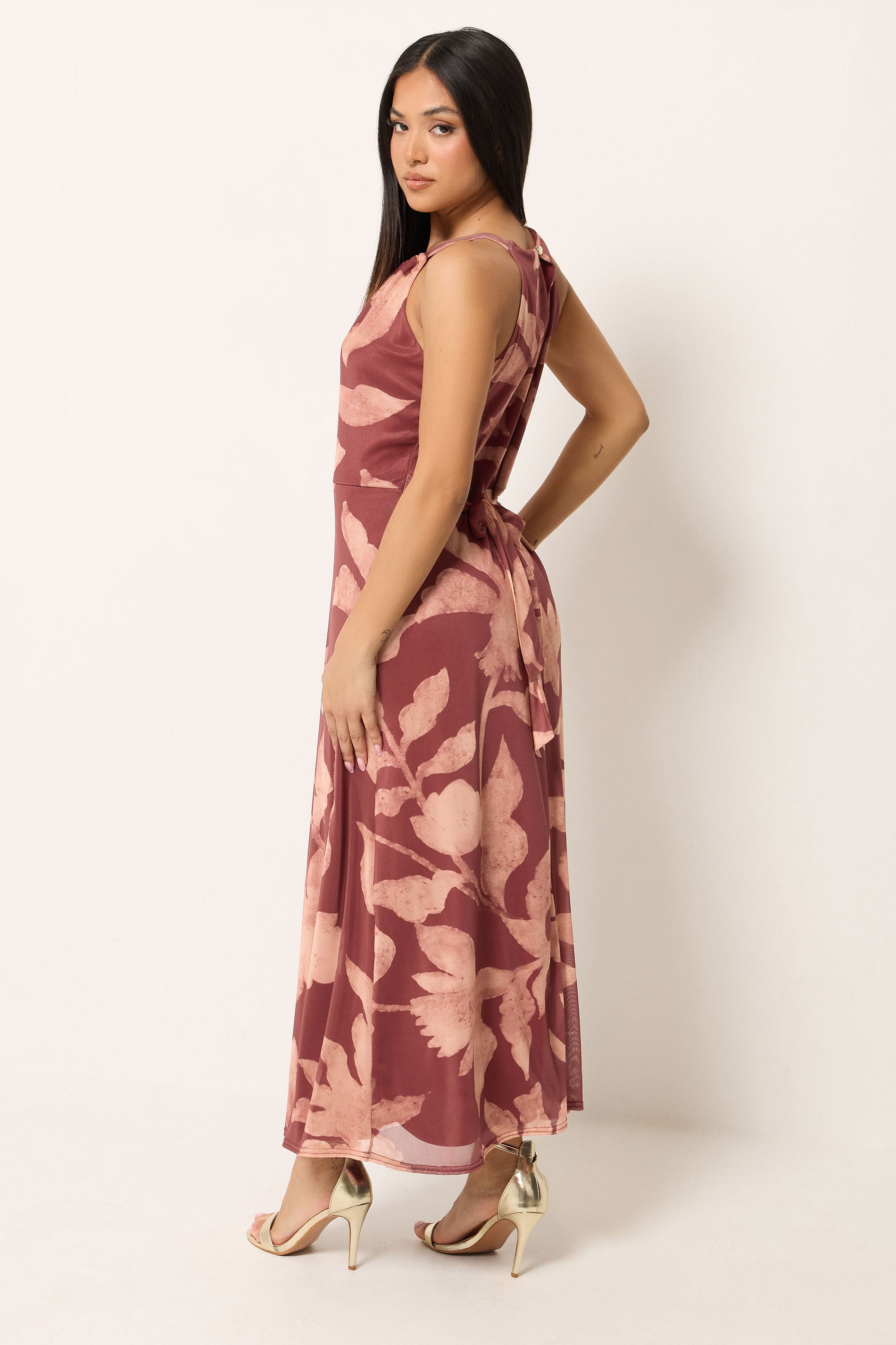 M&Co Petite Orange Floral Print Halter Neck Mesh Maxi Dress | M&Co 4