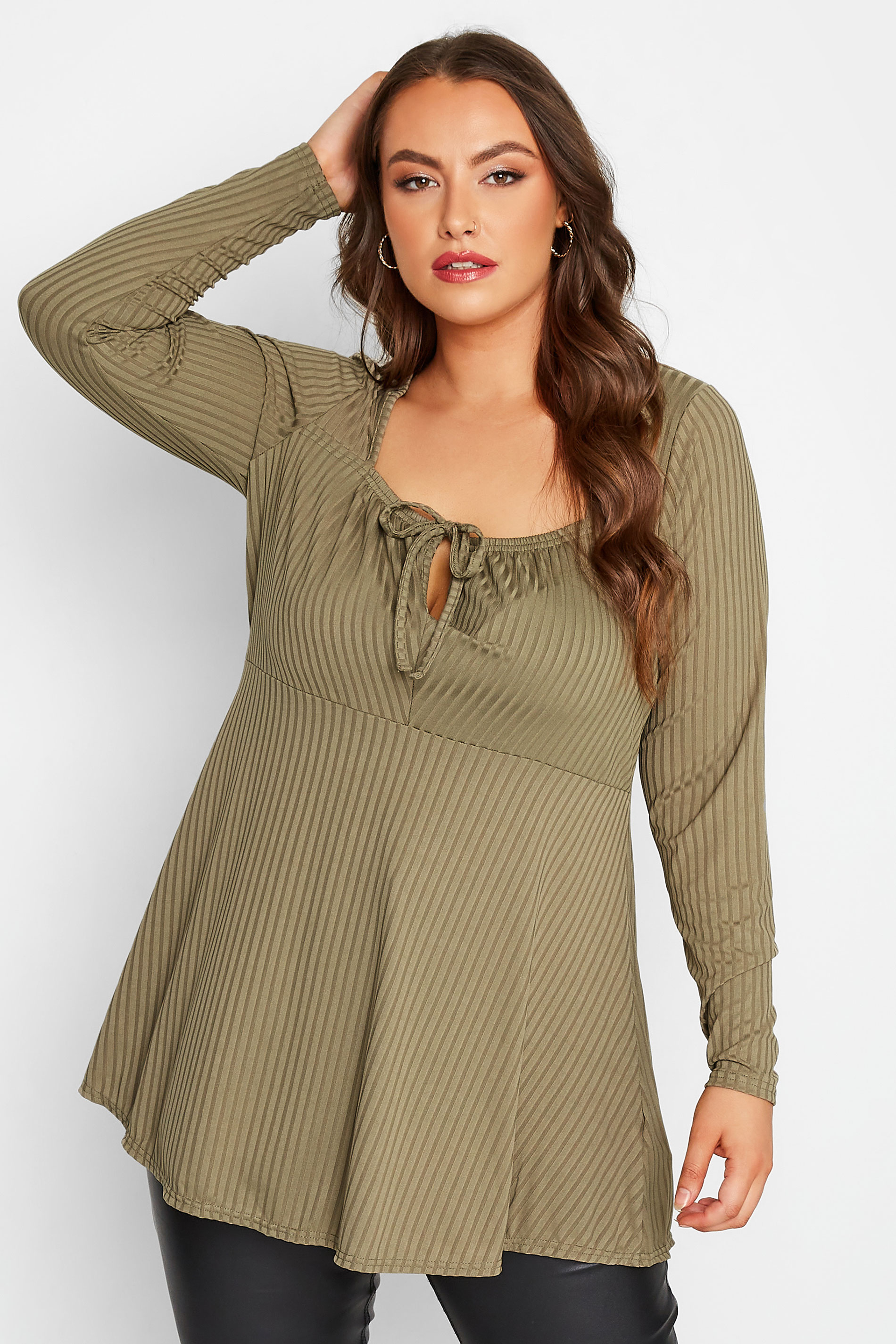 LIMITED COLLECTION Plus Size Khaki Green Ribbed Square Neck Top | Yours Clothing 1