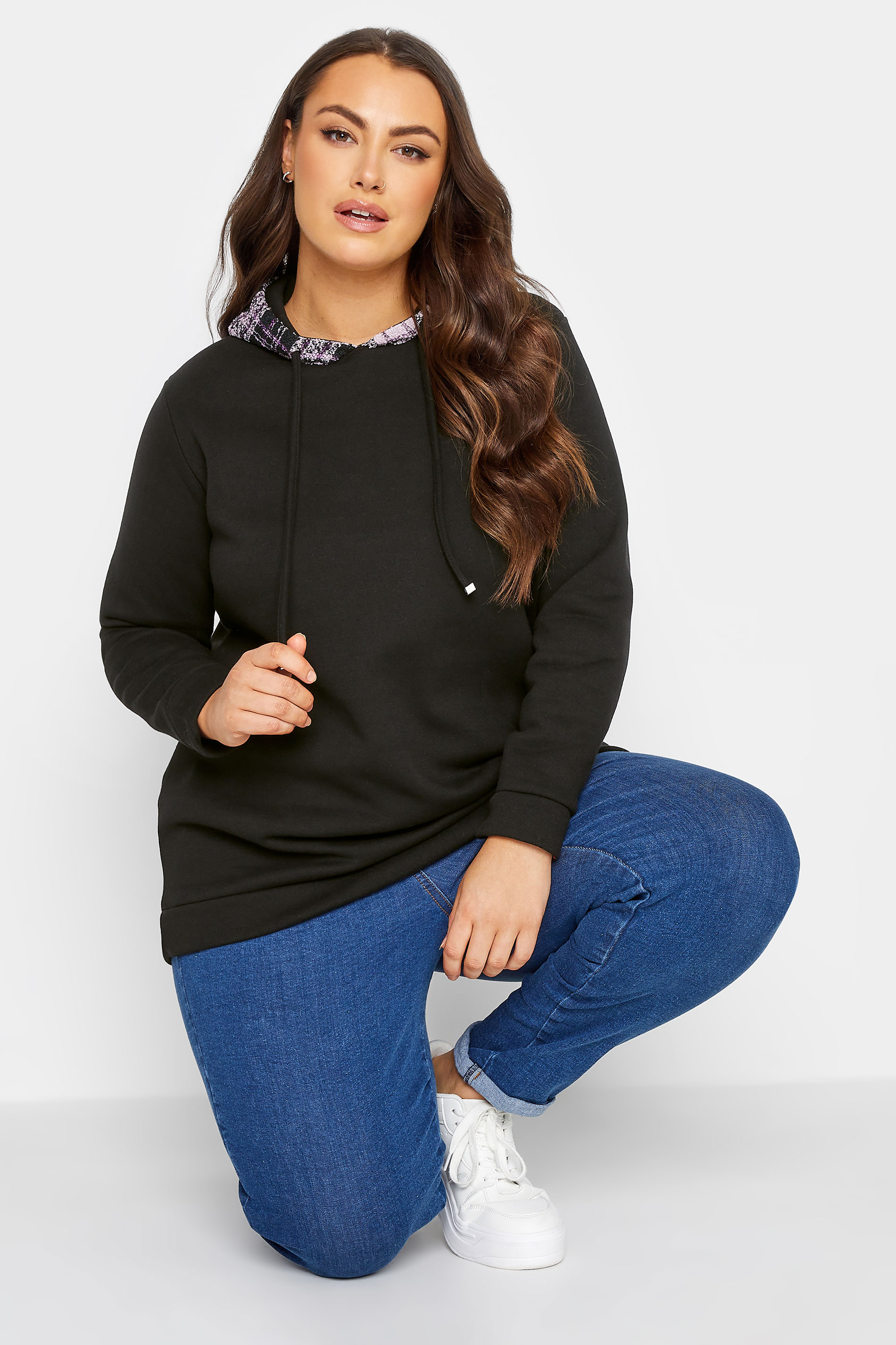 Plus Size Black & Purple Check Hoodie | Yours Clothing  1