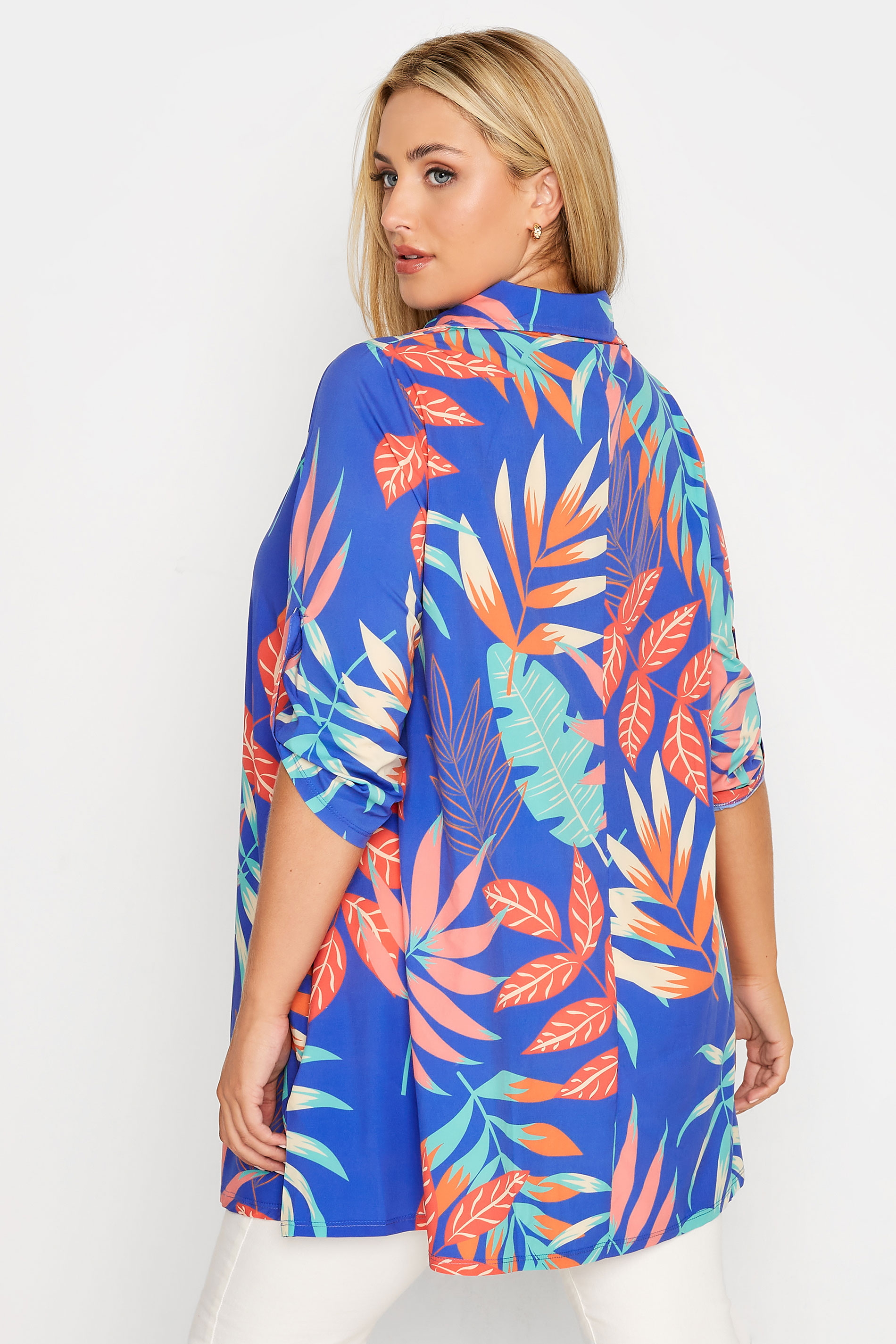 Plus Size Blue Leaf Print Collared Tunic Top | Yours Clothing 3