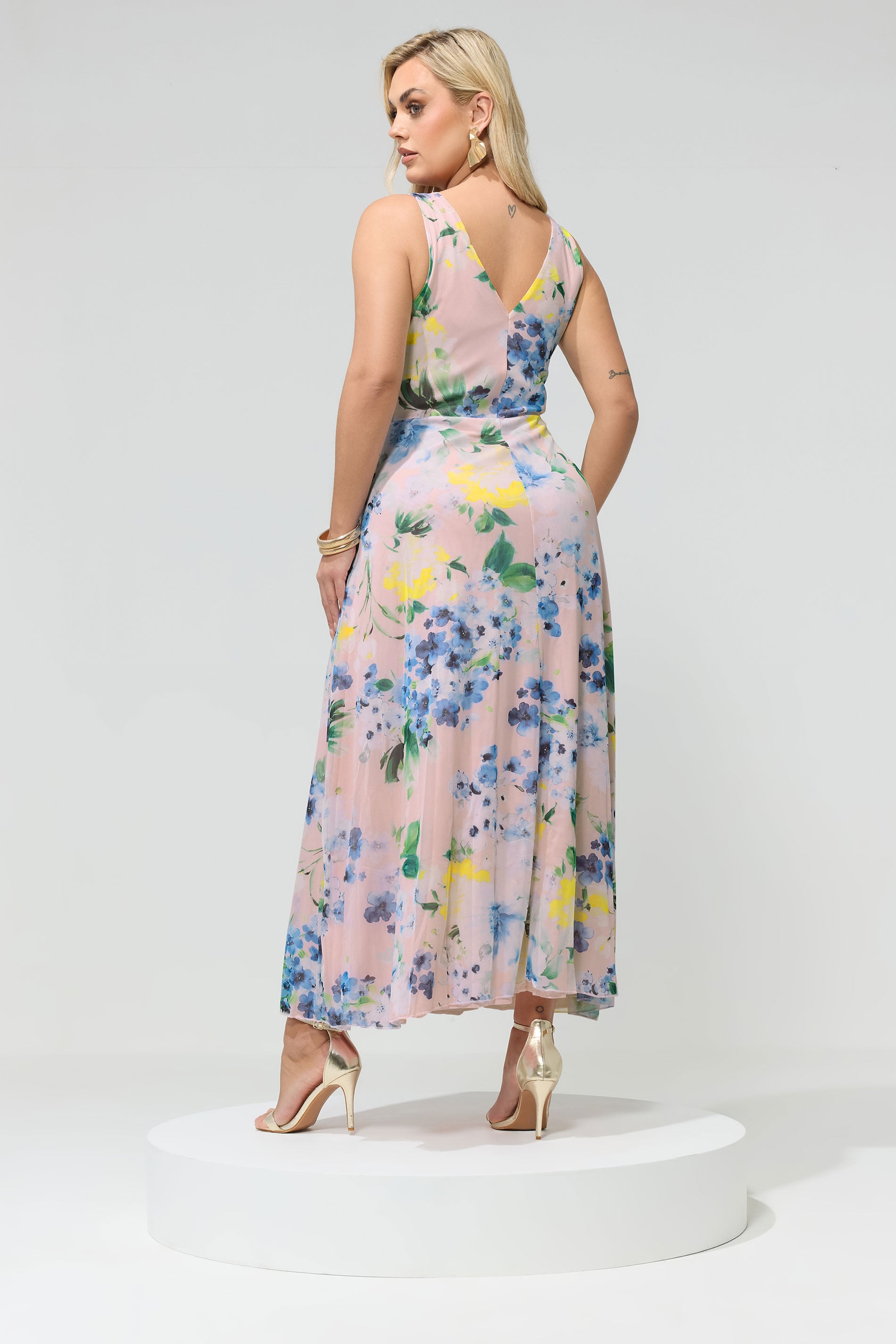 YOURS LONDON Plus Size Pink Mesh Floral Print Sleeveless Maxi Dress | Yours Clothing 2