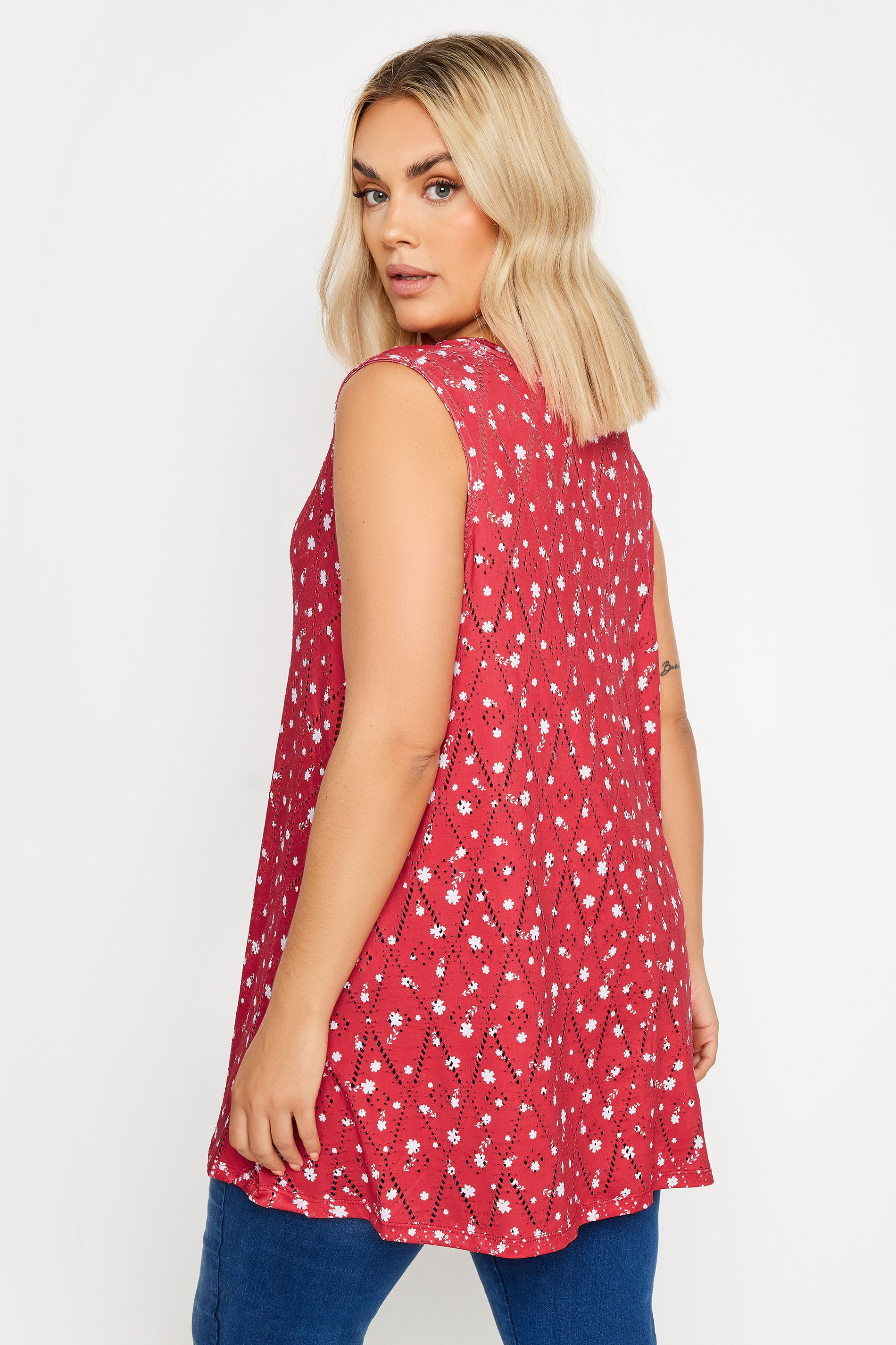 YOURS Plus Size Red Floral Print Broderie Anglaise Vest Top | Yours Clothing 3