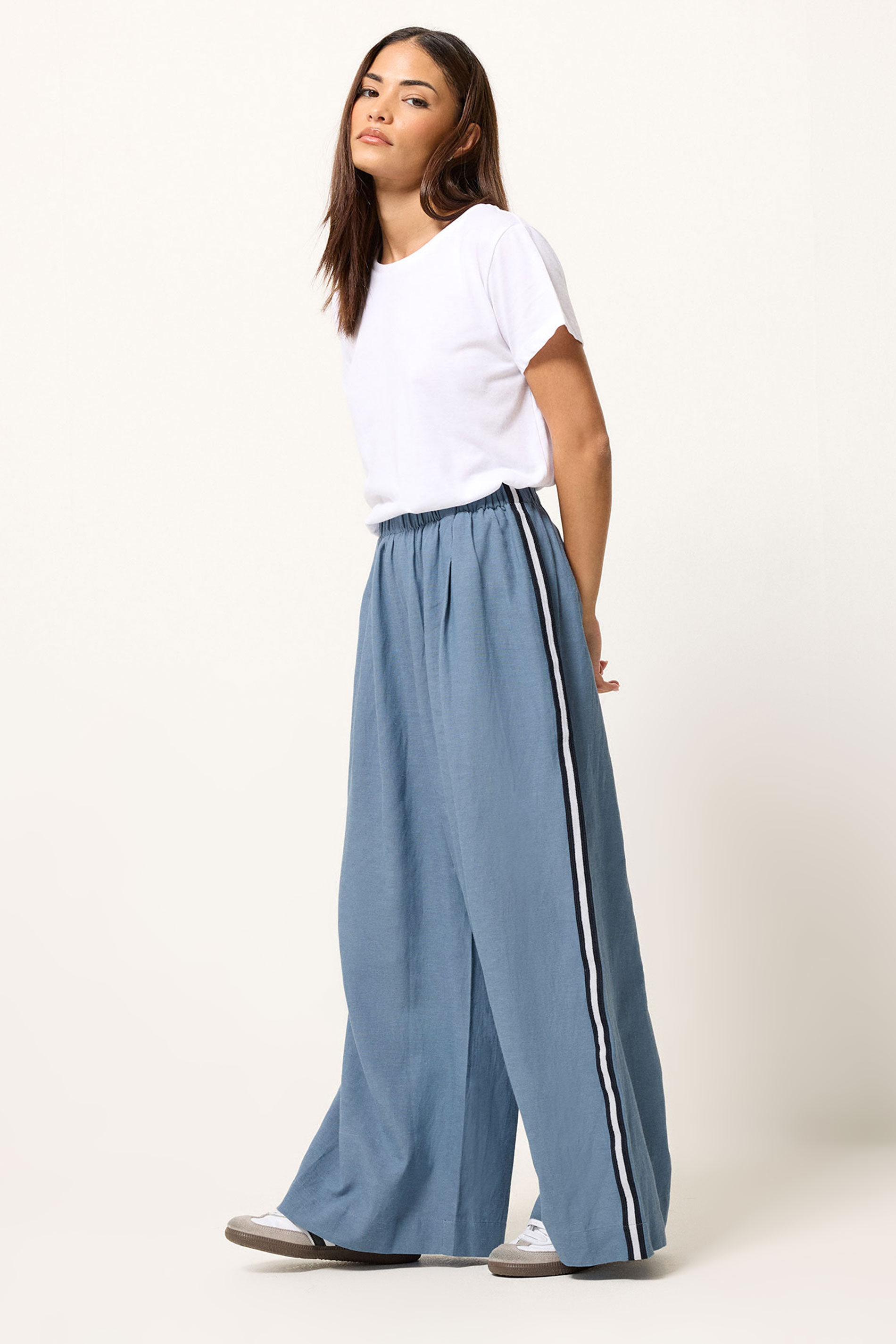 PxieGirl Petite Women's Blue Side Stripe Linen Wide Leg Trousers | PixieGirl 3