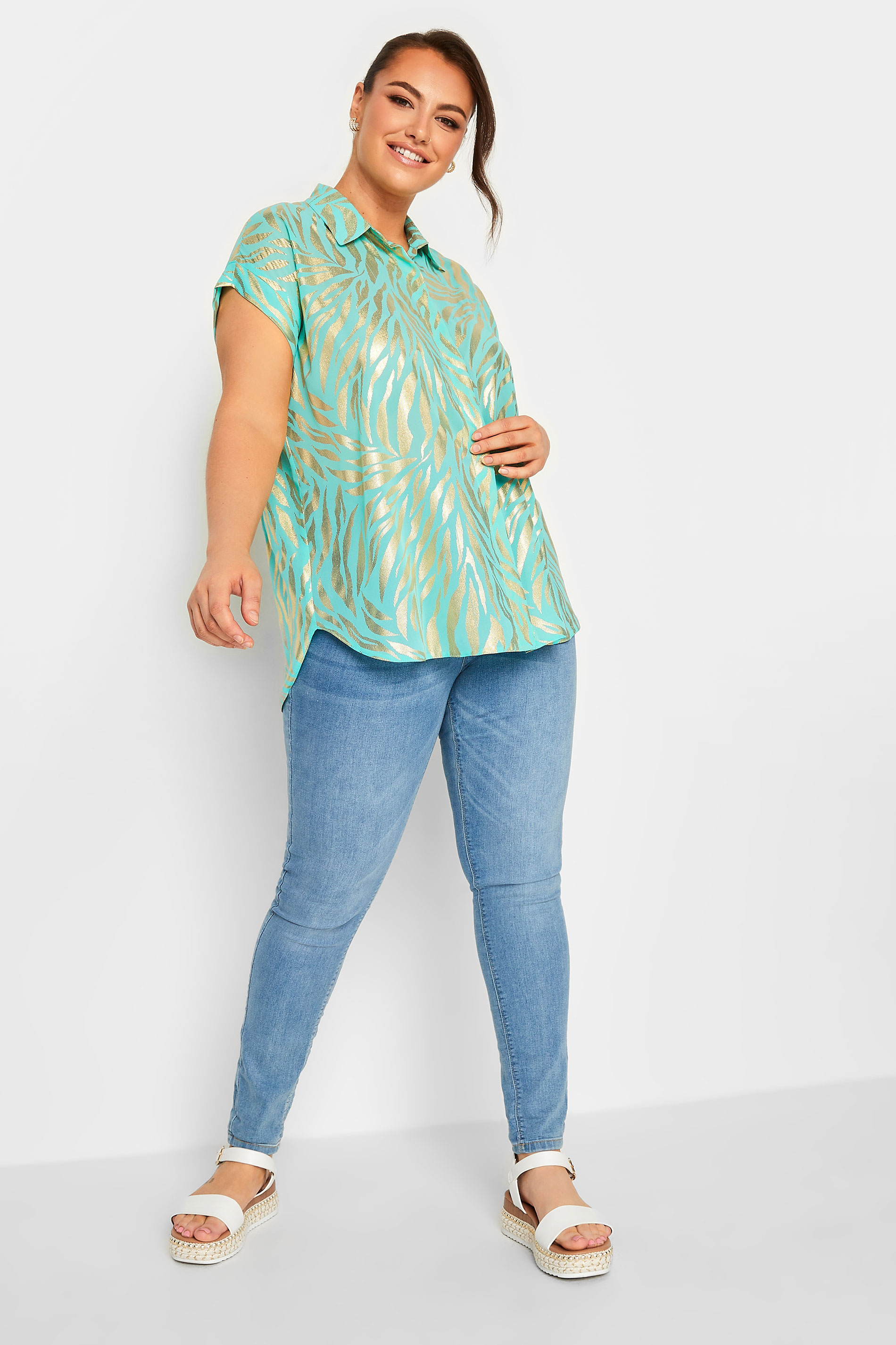 YOURS Curve Plus Size Mint Green & Gold Animal Print Shirt | Yours Clothing  2