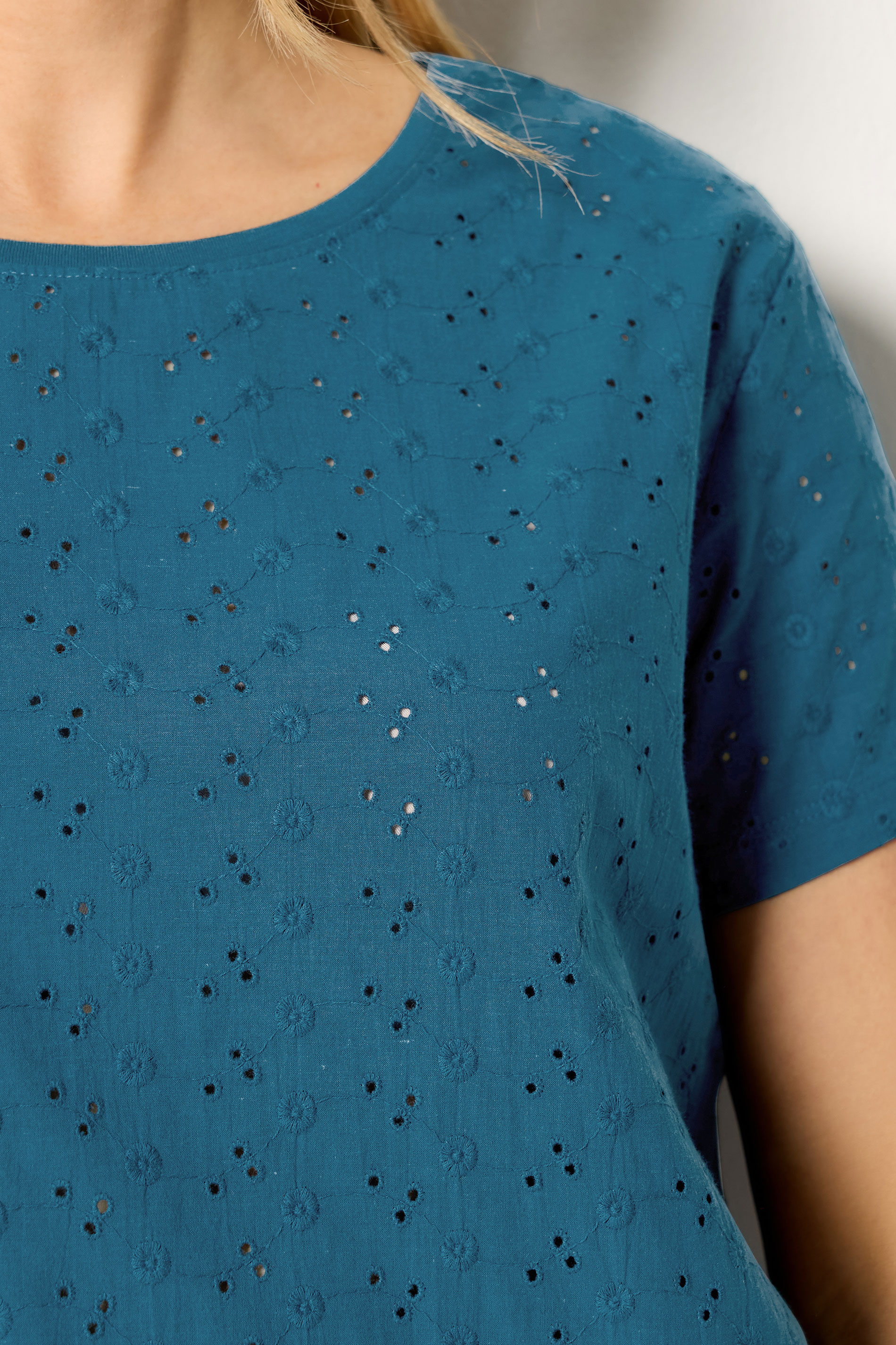 LTS Tall Women's Teal Blue Broderie Anglaise Front T-Shirt | Long Tall Sally 4