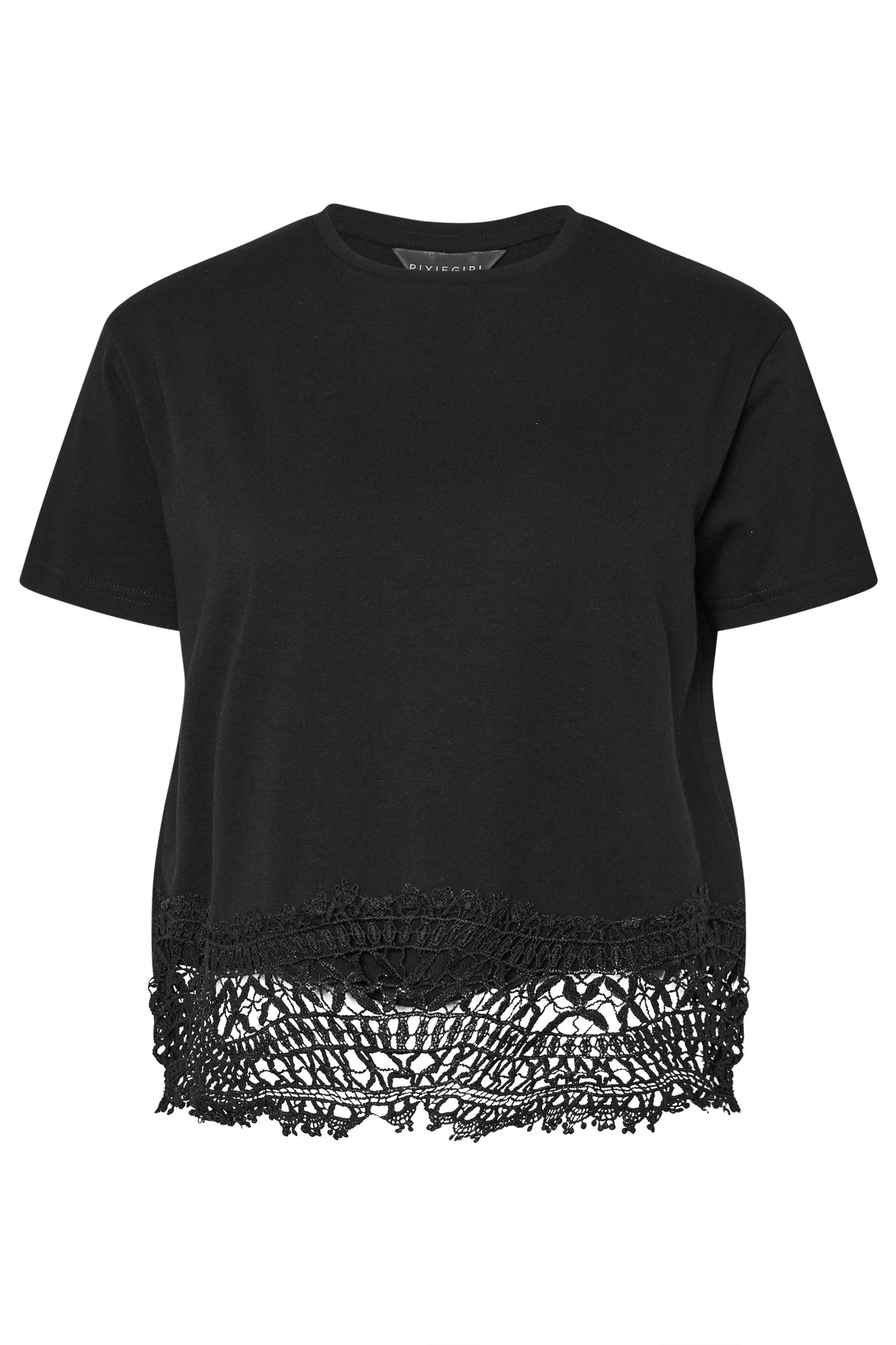 PixieGirl Petite Women's Black Crochet Hemline Cotton T-Shirt | PixieGirl 5