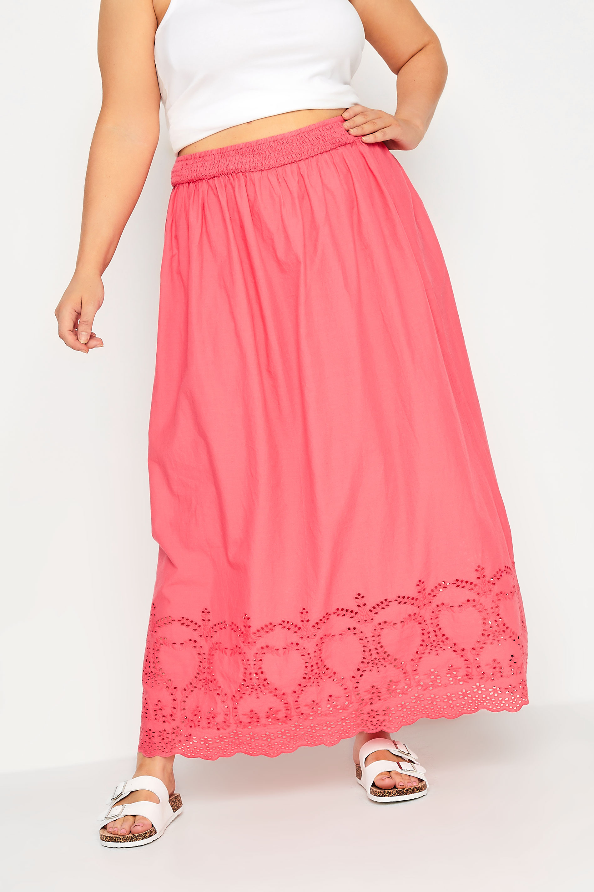 LIMITED COLLECTION Plus Size Coral Pink Broderie Anglaise Trim Maxi Skirt | Yours Clothing 1