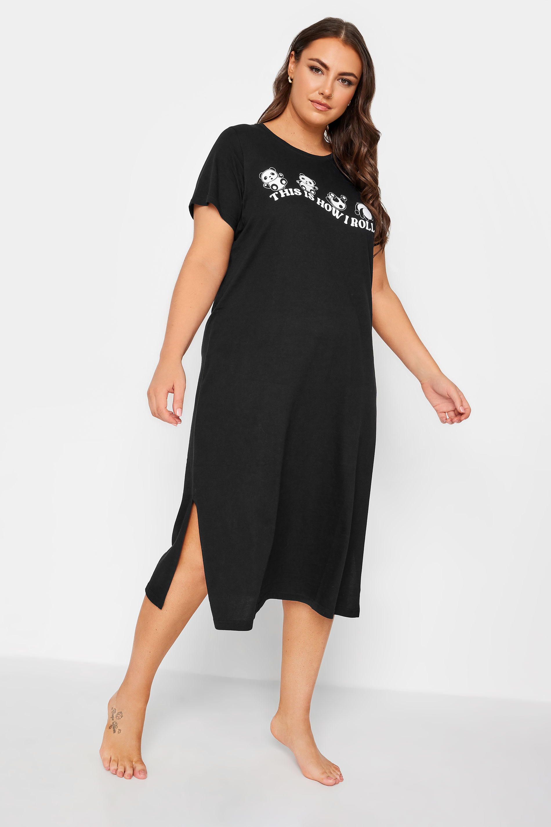 YOURS Plus Size Black 'This Is How I Roll' Slogan Midaxi Nightdress | Yours Clothing 1