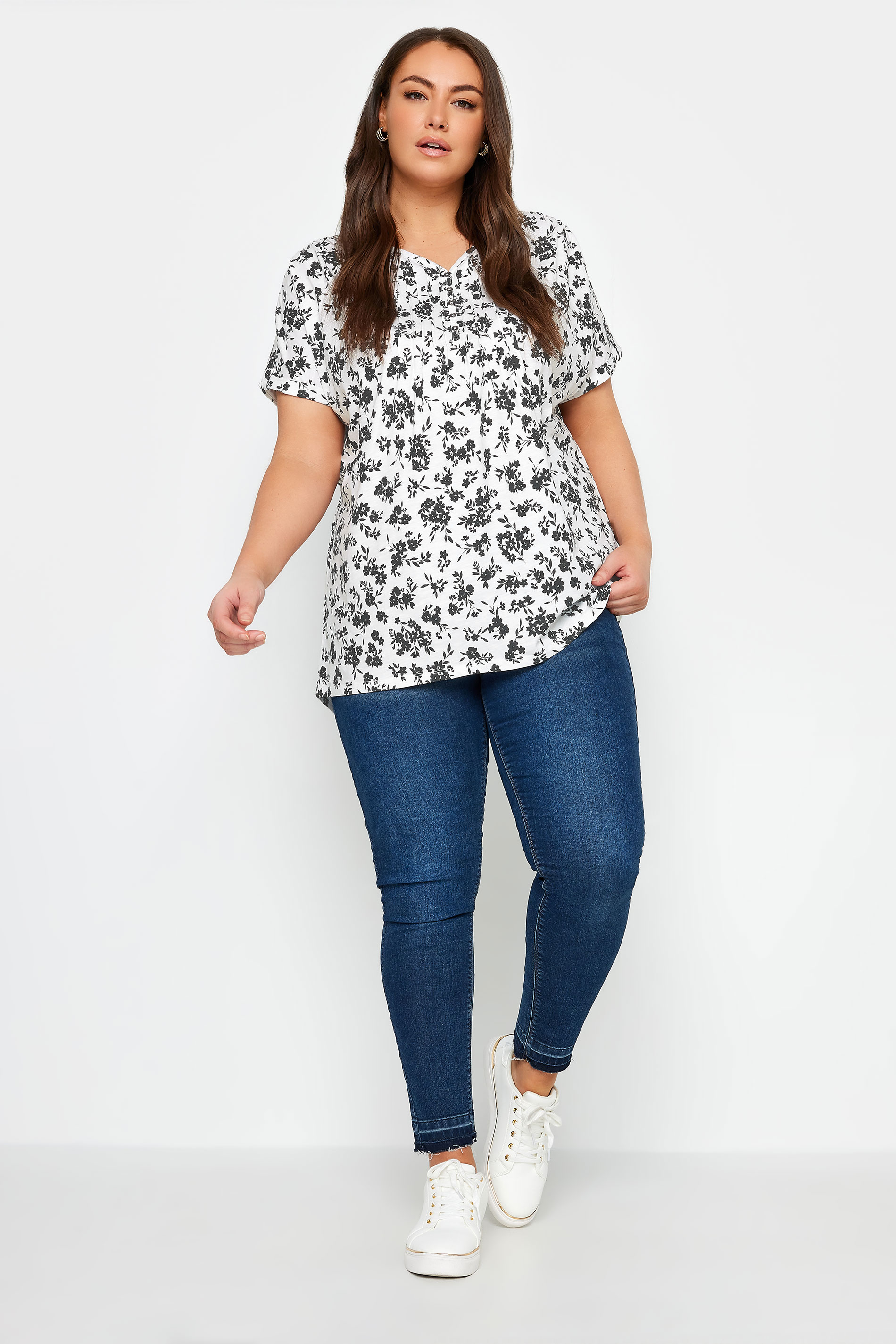 YOURS Plus Size 2 PACK Black & White Floral Pintuck Henley T-Shirts | Yours Clothing 3