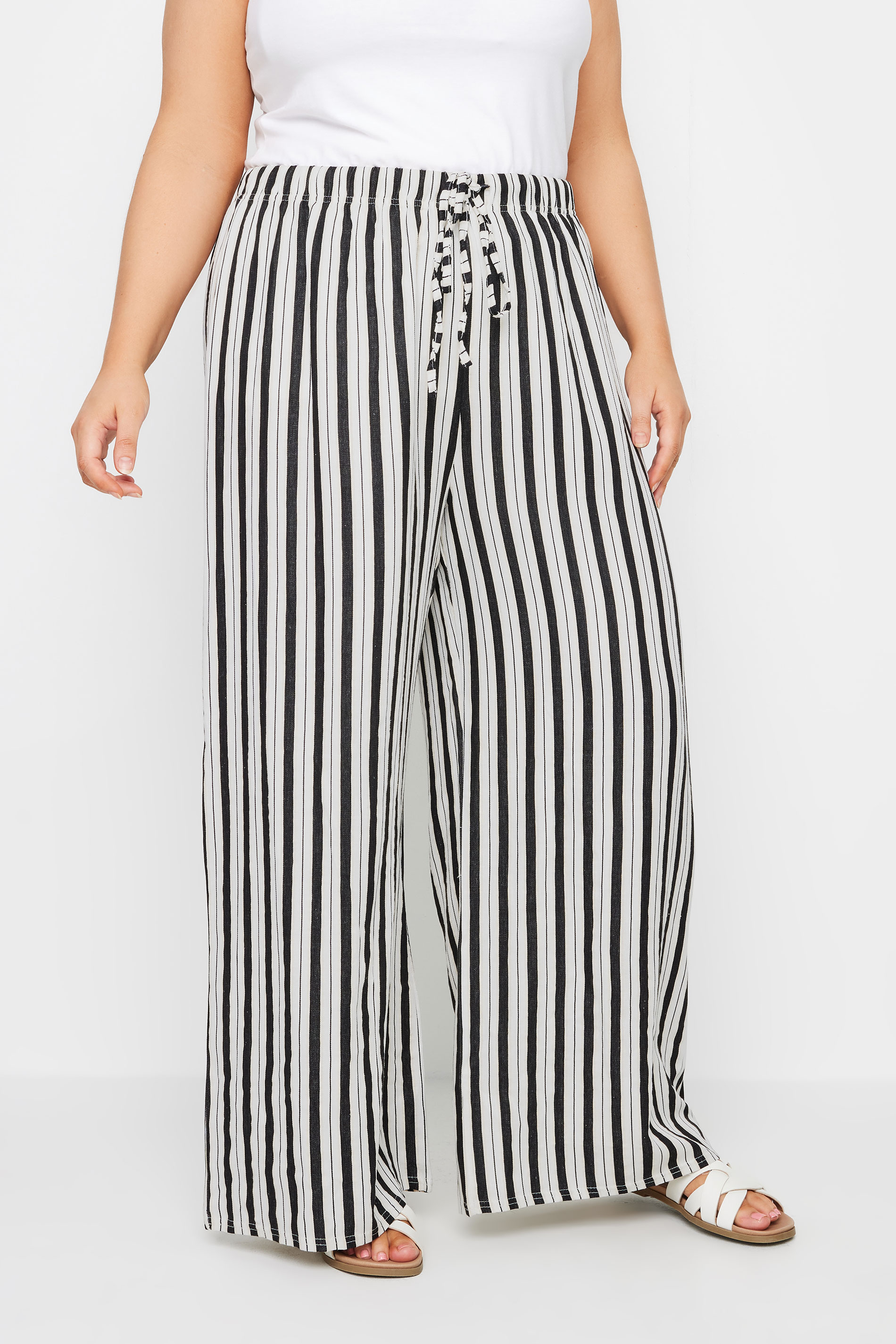 YOURS Plus Size White Stripe Wide Leg Linen Look Trousers | Yours Clothing 2