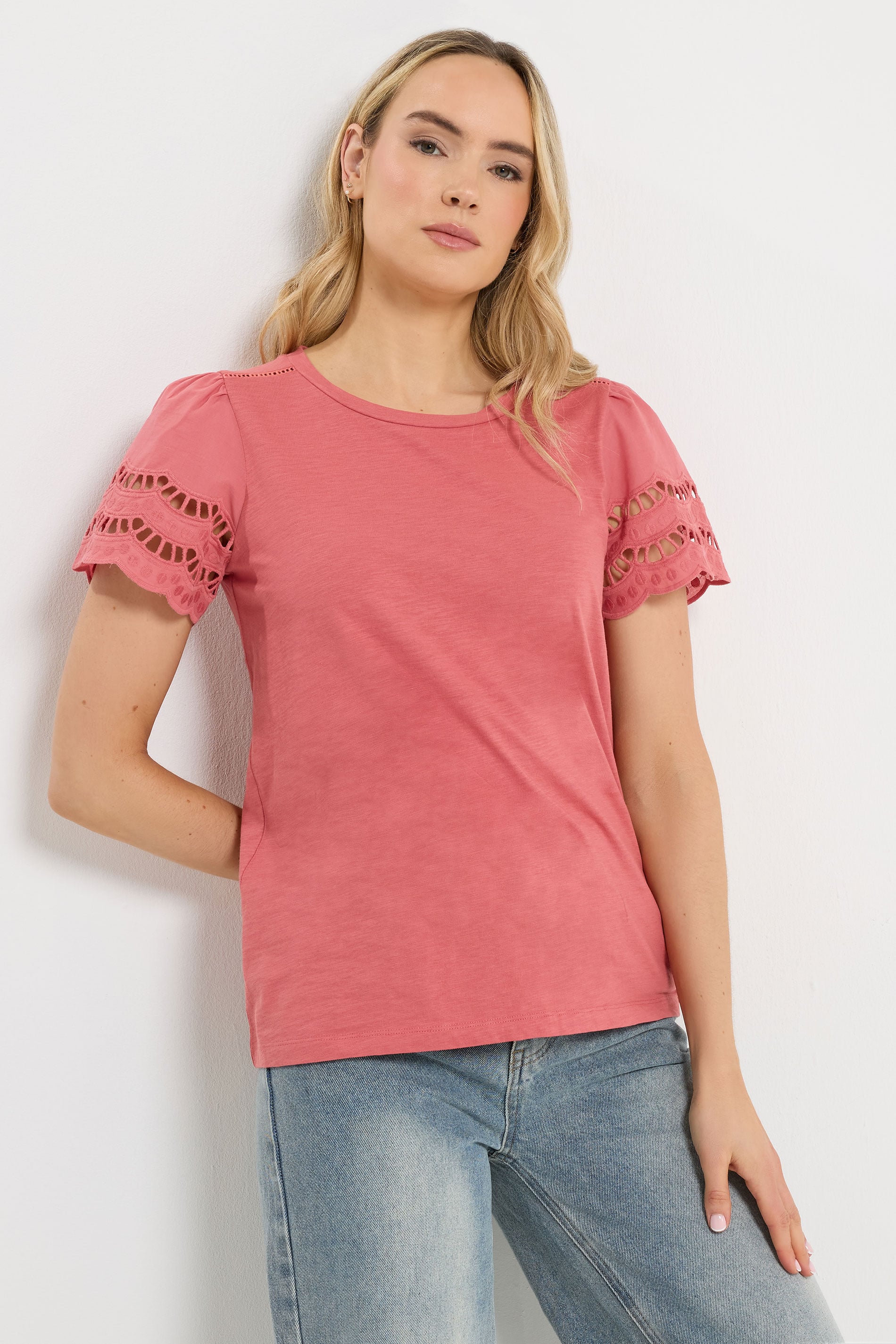 LTS Tall Women's Coral Pink Embroidered Cotton T-Shirt | Long Tall Sally 1