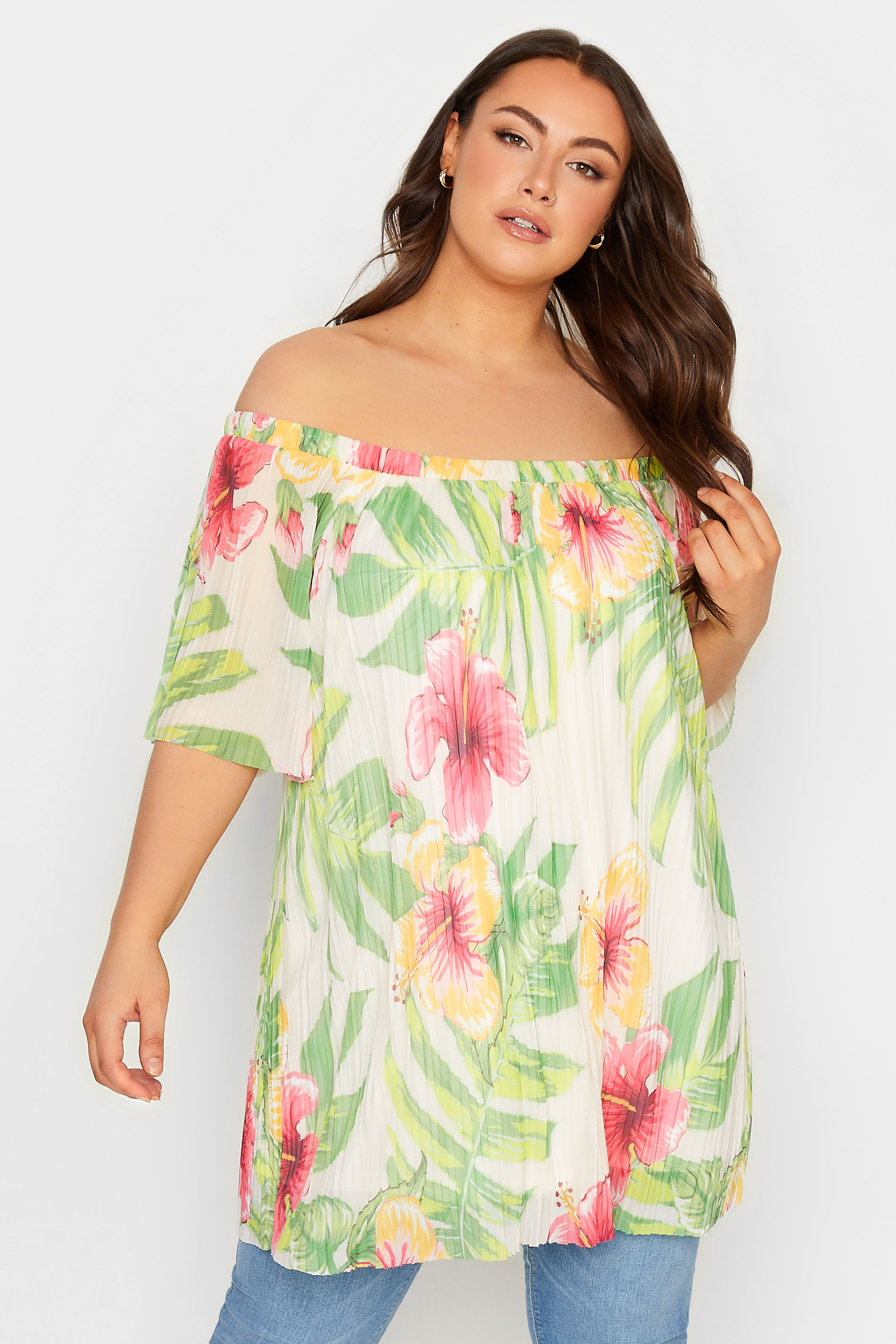 YOURS Curve Plus Size White Floral Double Layer Mesh Top | Yours Clothing  1