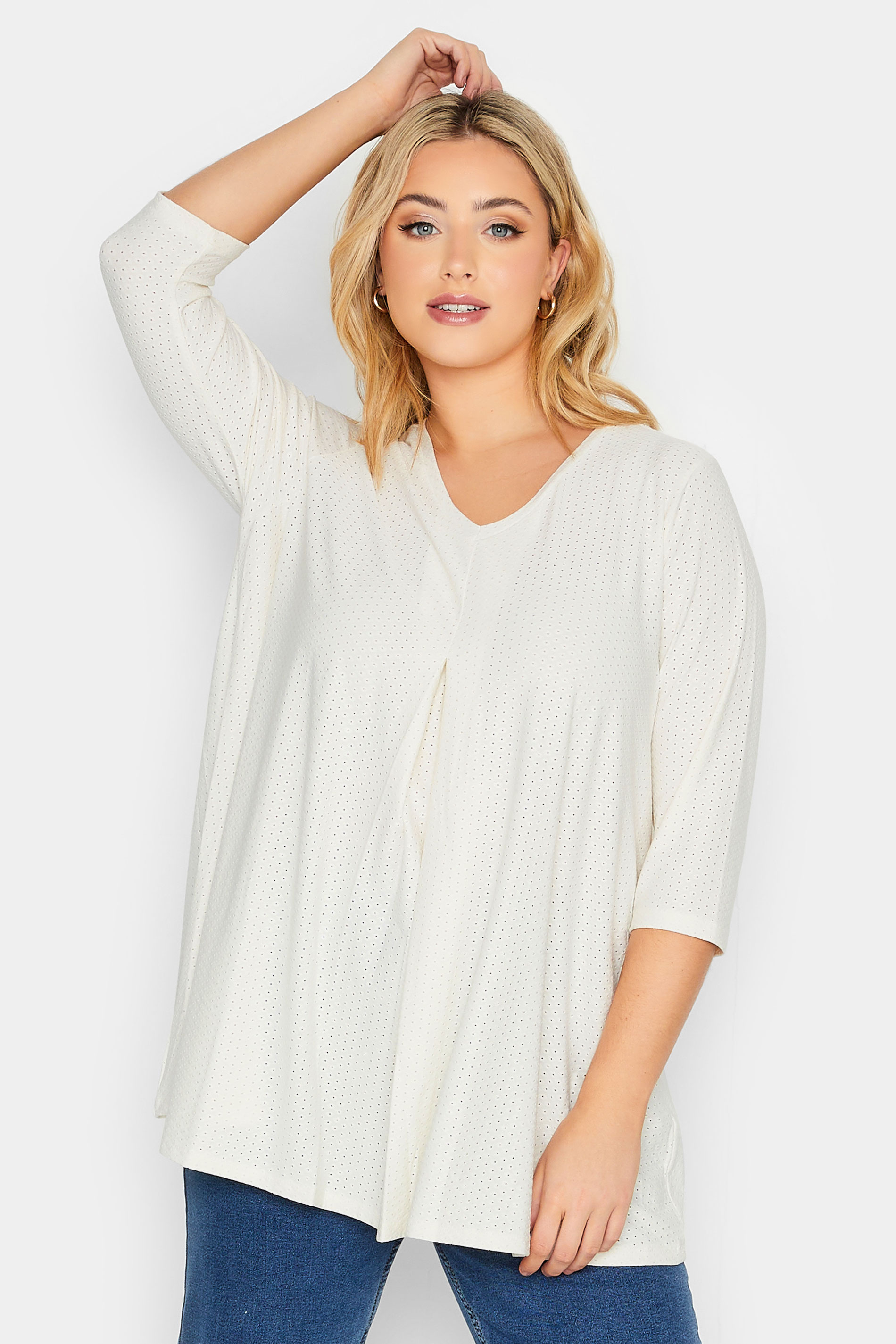 Plus Size White Textured V-Neck Top | Yours Clothing 1