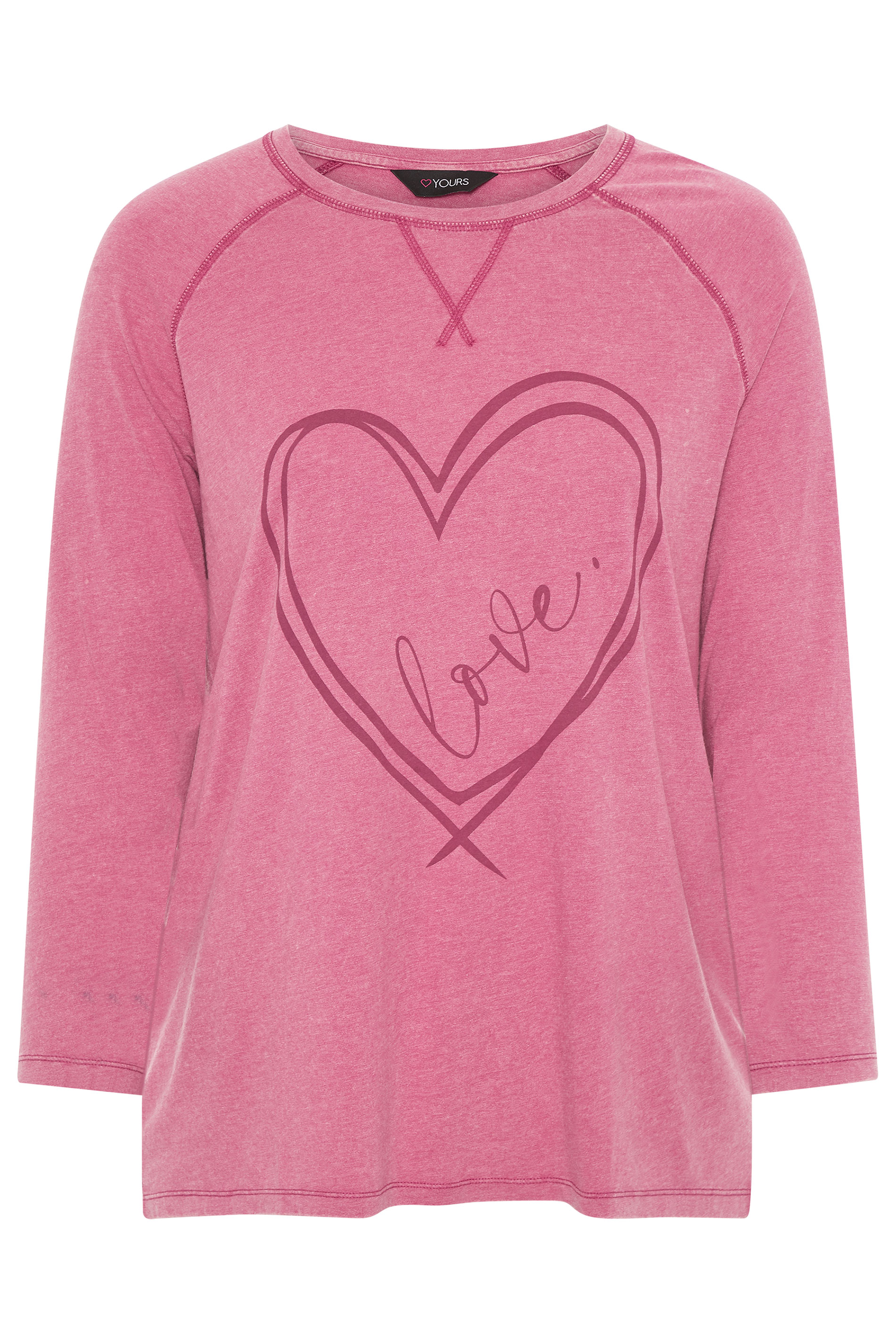 Pink Acid Wash Love Heart Print Top | Yours Clothing