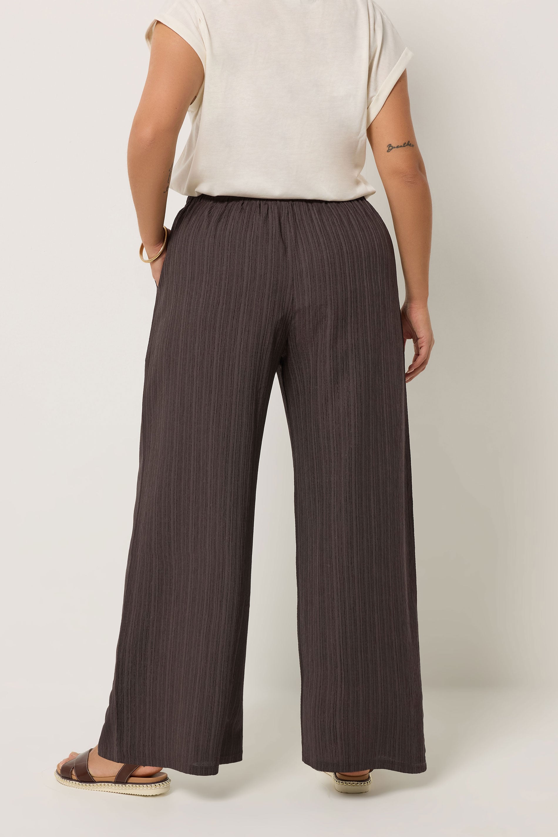 YOURS Plus Size Brown Wide Leg Textured Trousers | Yours Clothing 2
