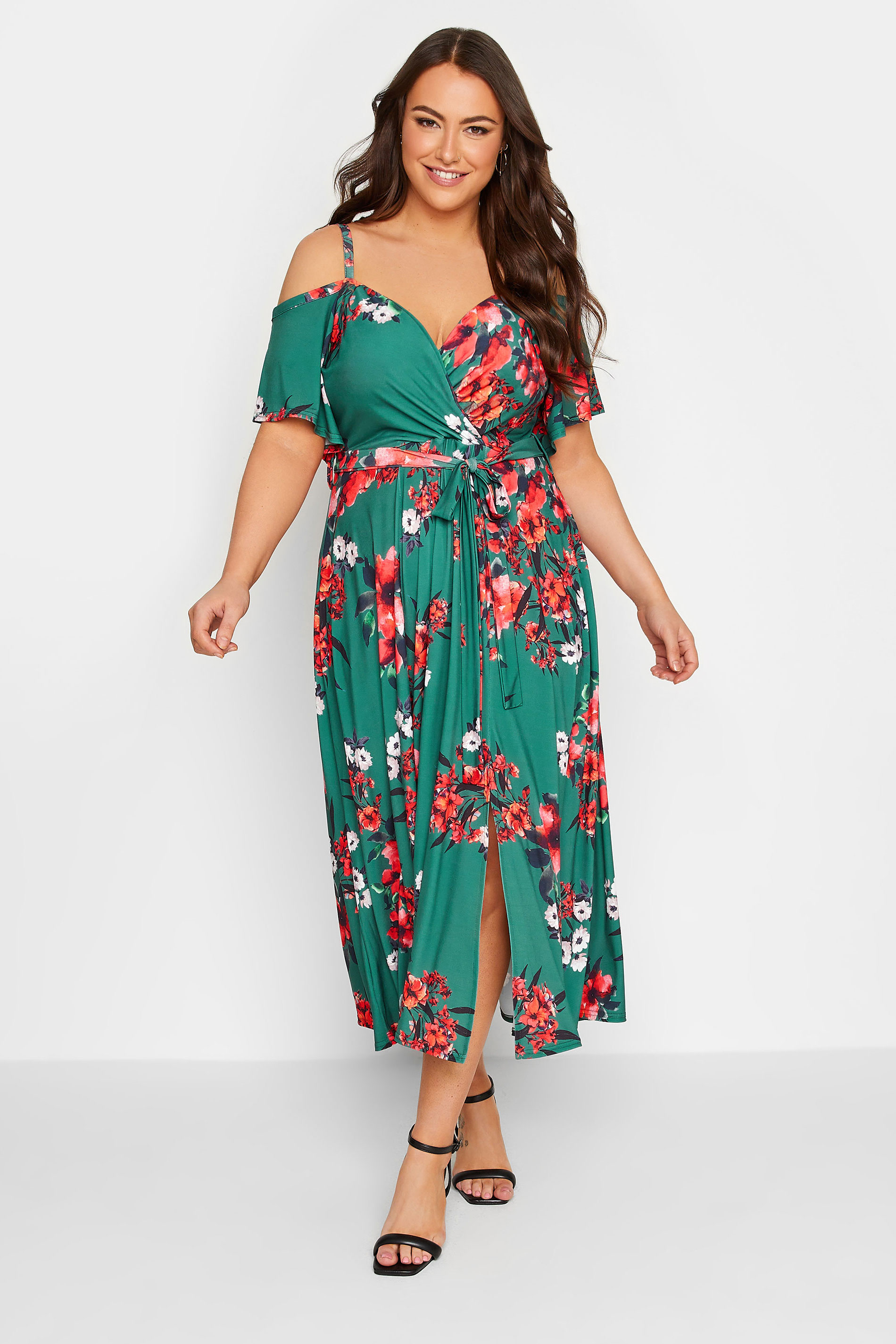 YOURS LONDON Plus Size Green Floral Cold Shoulder Wrap Dress | Yours Clothing 1