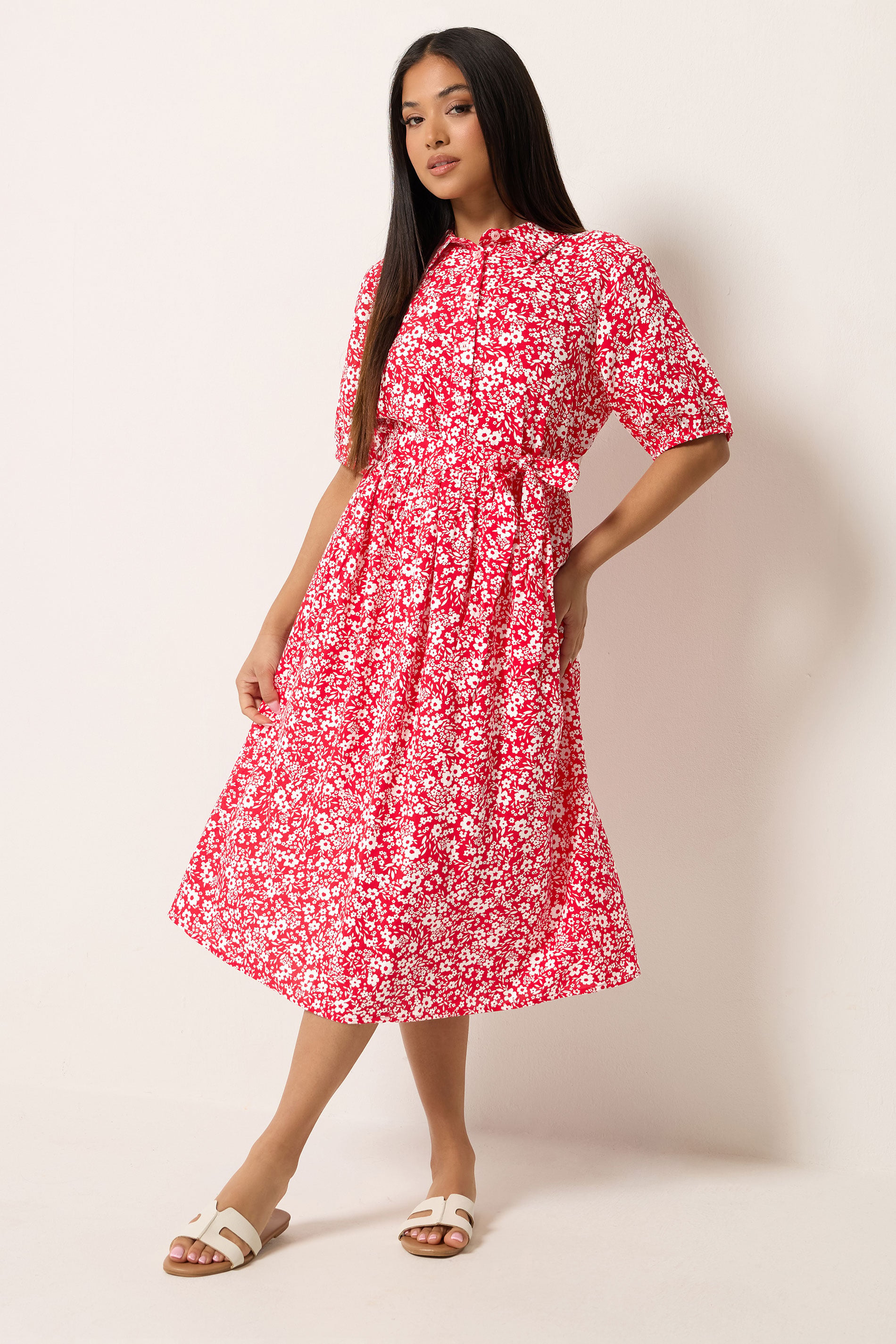 M&Co Petite Red Ditsy Floral Print Dress | M&Co 1