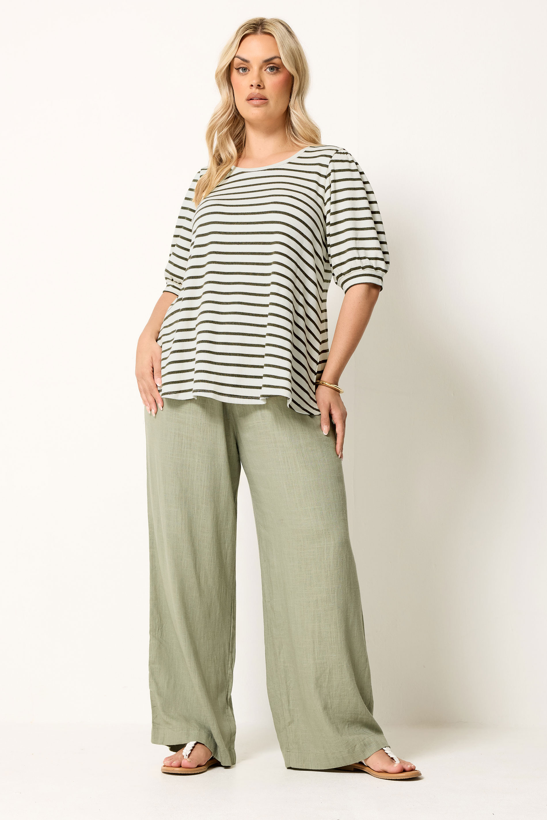 YOURS Plus Size White & Green Stripe Knitted Puff Sleeve Top | Yours Clothing 1