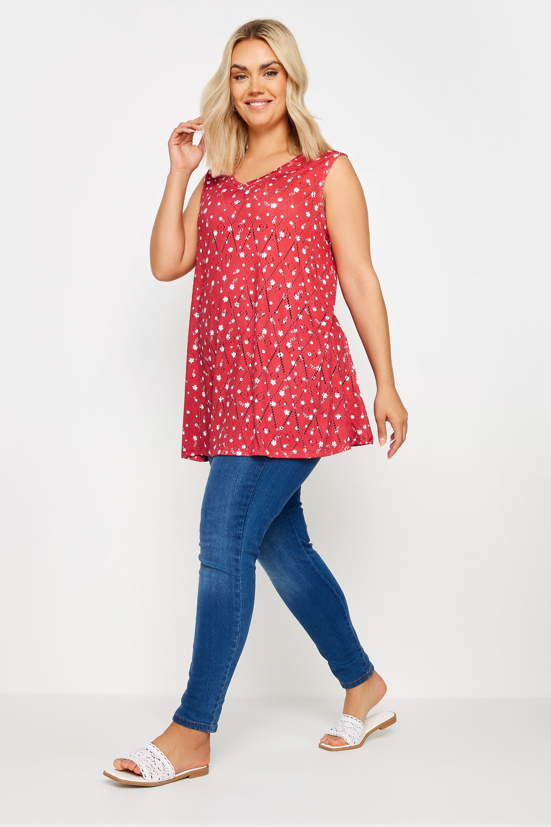 YOURS Plus Size Red Floral Print Broderie Anglaise Vest Top | Yours Clothing 2