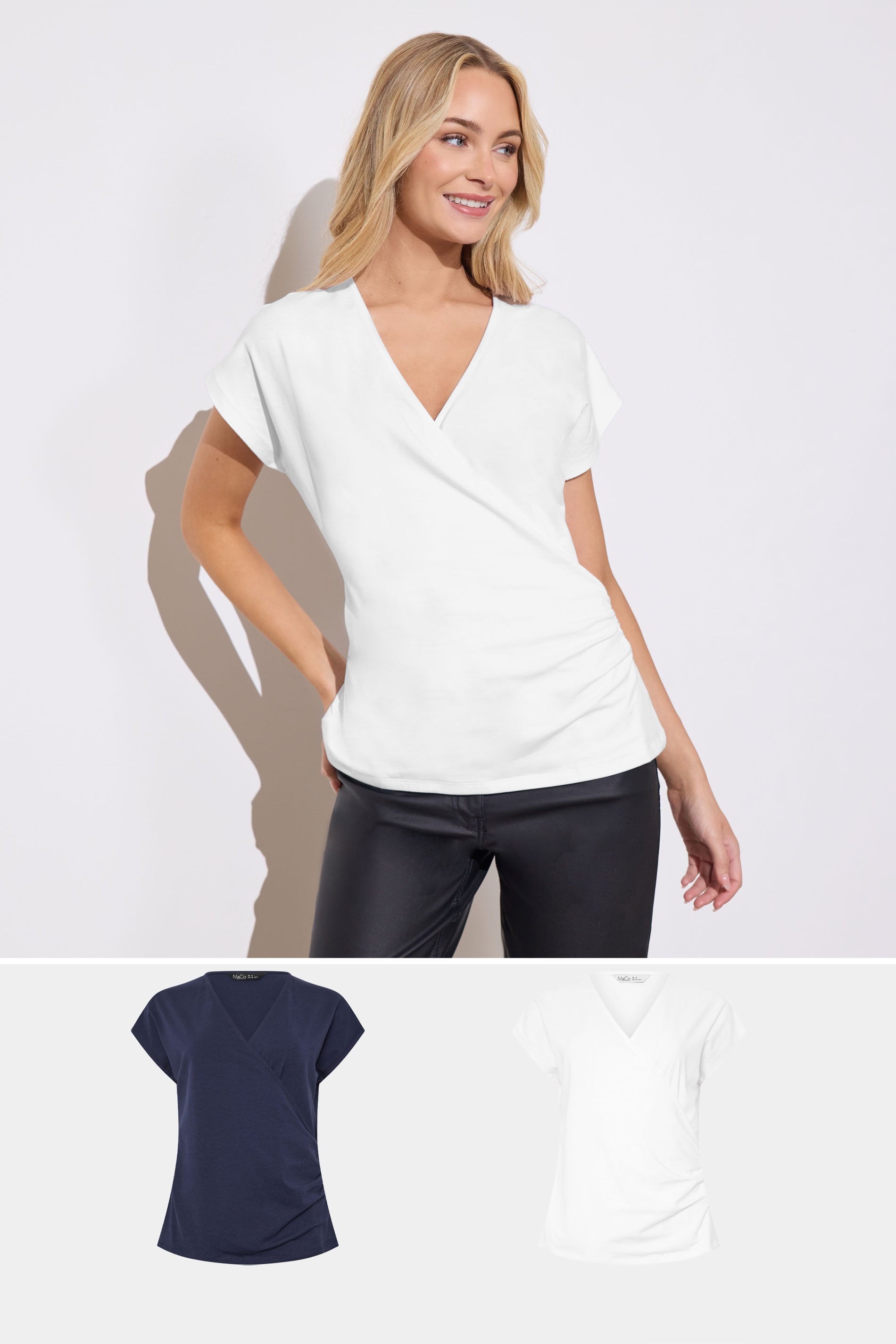 M&Co 2 PACK White & Navy Short Sleeve Wrap Tops | M&Co 1