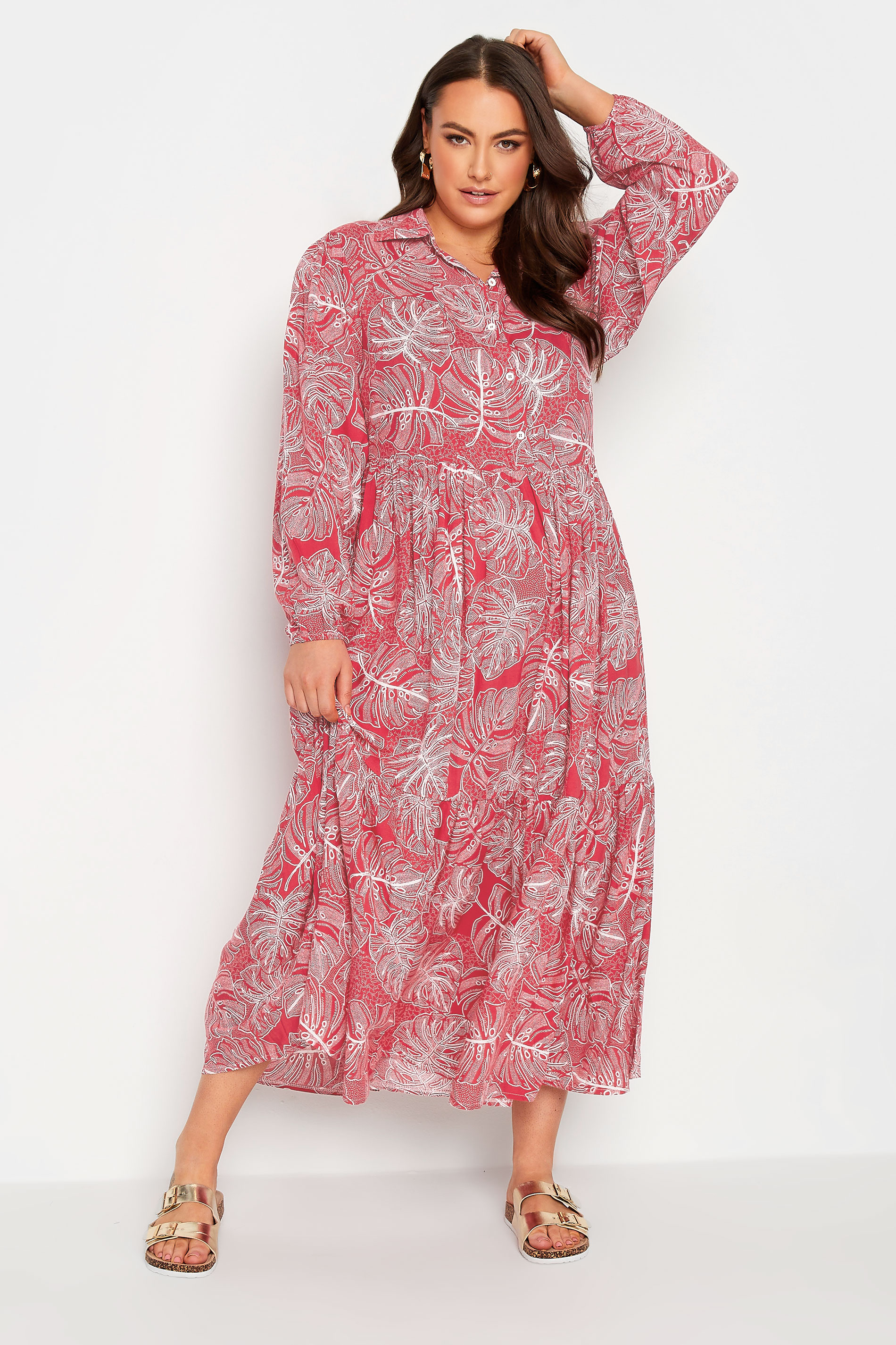 YOURS Curve Plus Size Red Leaf Print Shirt Dress | Yours Clothing  1