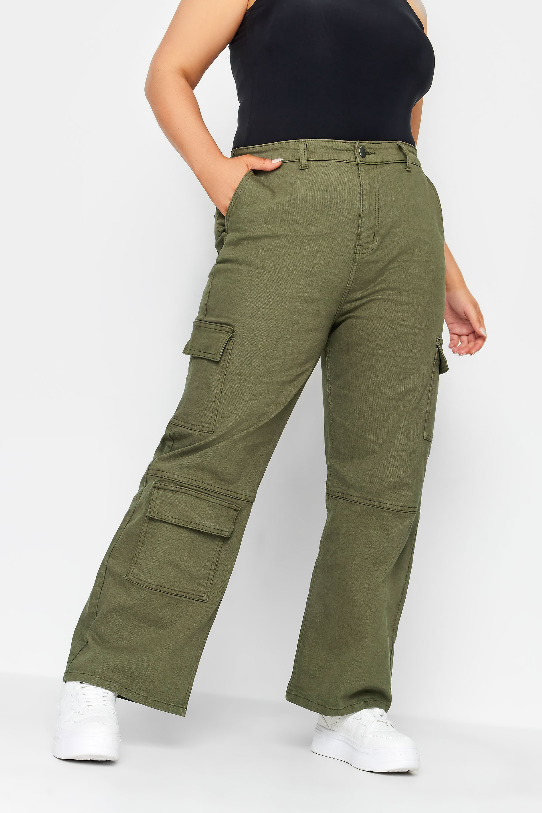 YOURS Curve Plus Size Khaki Green Wide Leg Pocket Cargo Trousers | Yours Clothing  1