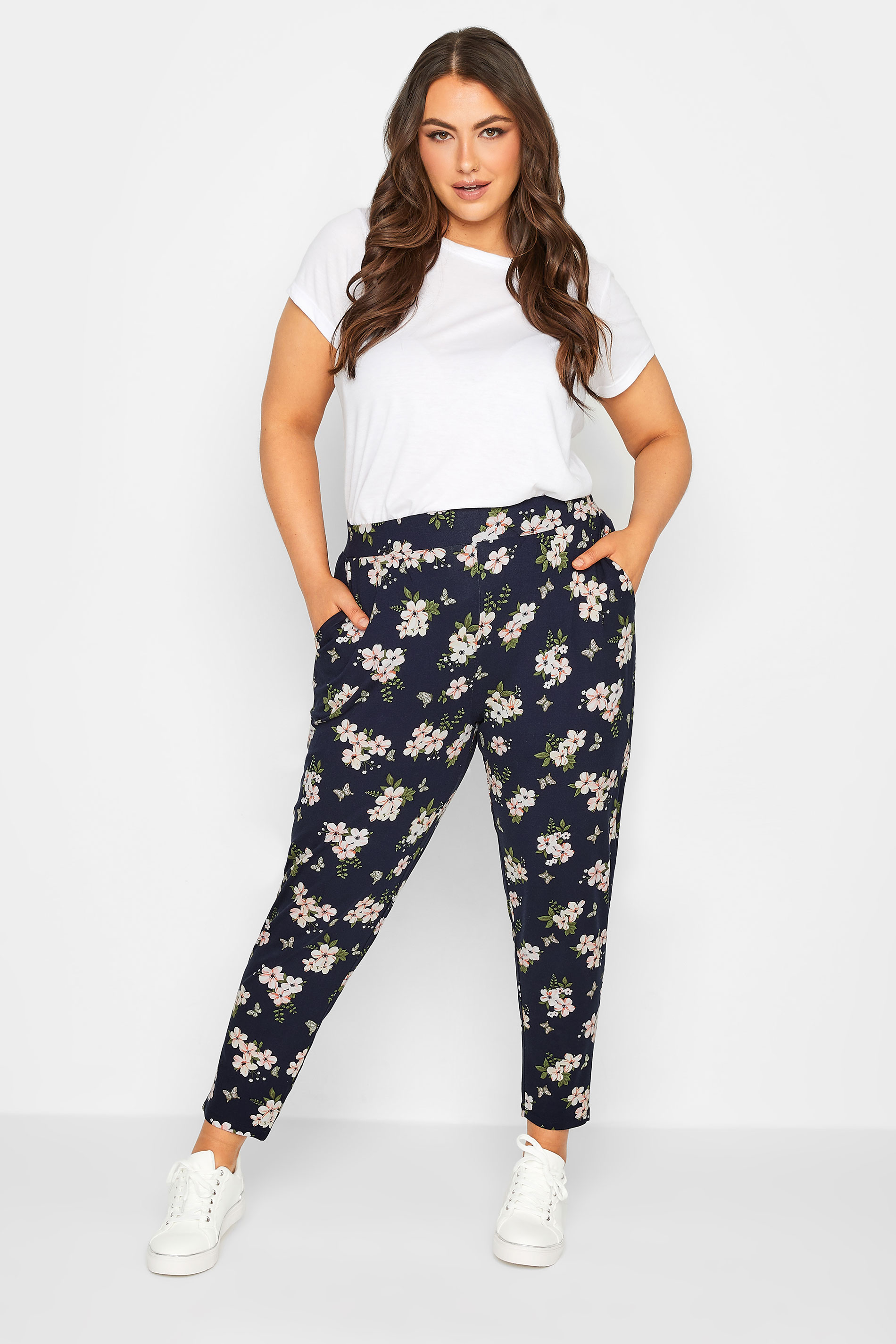 YOURS Plus Size Curve Navy Blue Floral Butterfly Harem Trousers | Yours Clothing  2