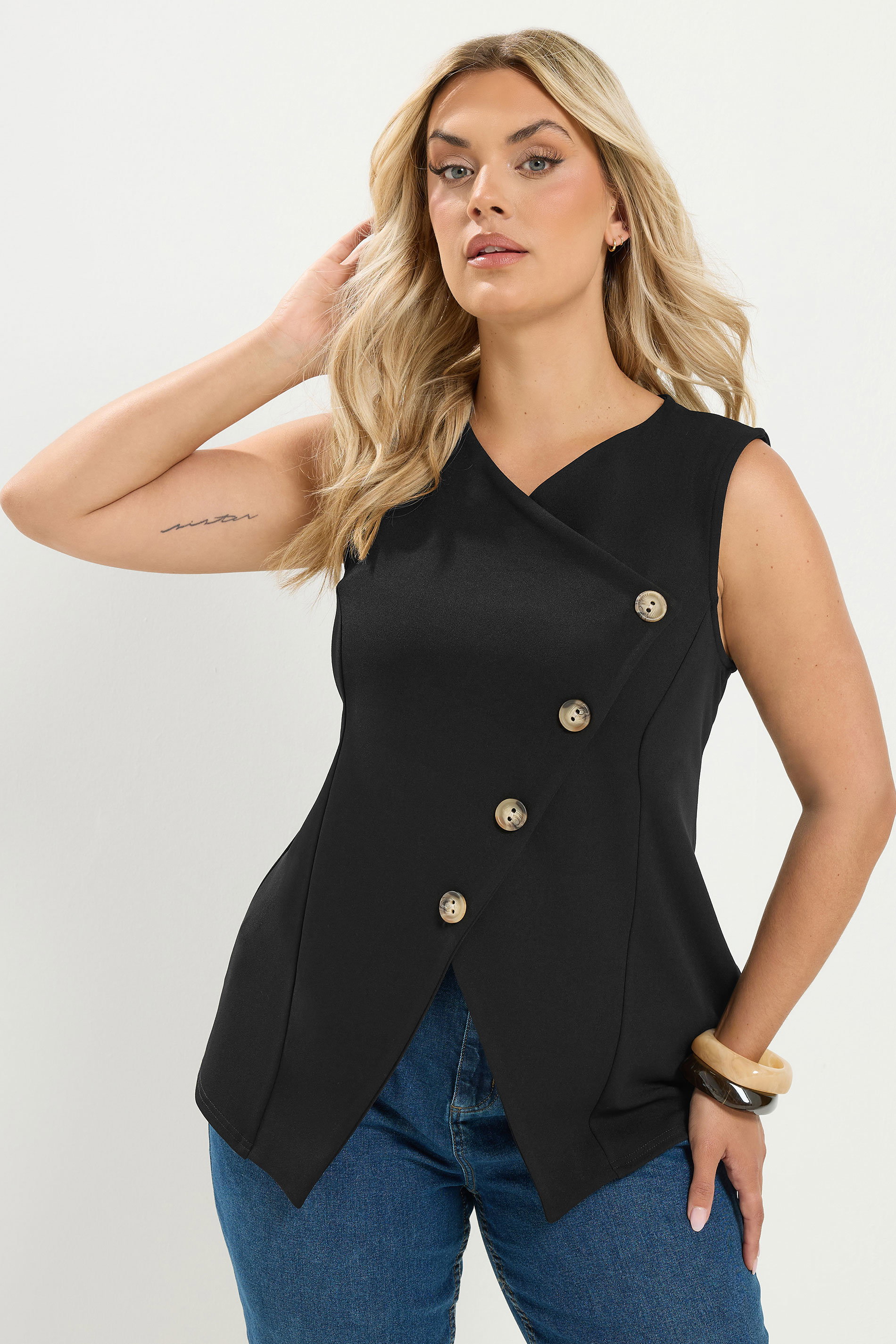 YOURS Plus Size Black Asymmetric Button Waistcoat | Yours Clothing 3