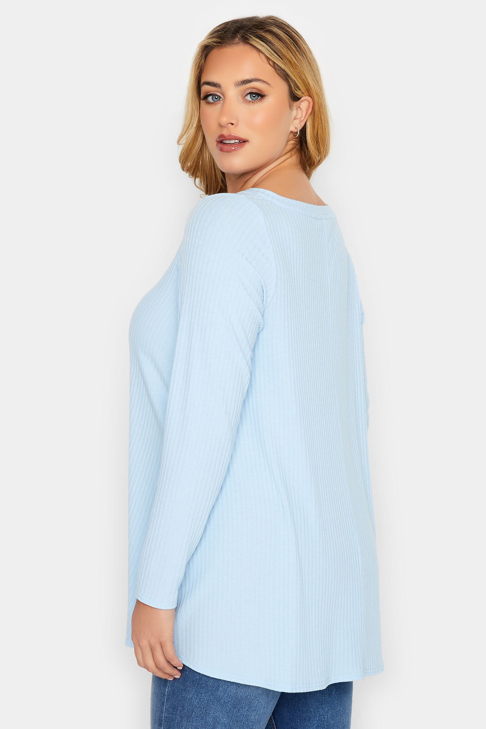 Plus Size Light Blue Long Sleeve Ribbed Swing Top | Yours Clothing 3