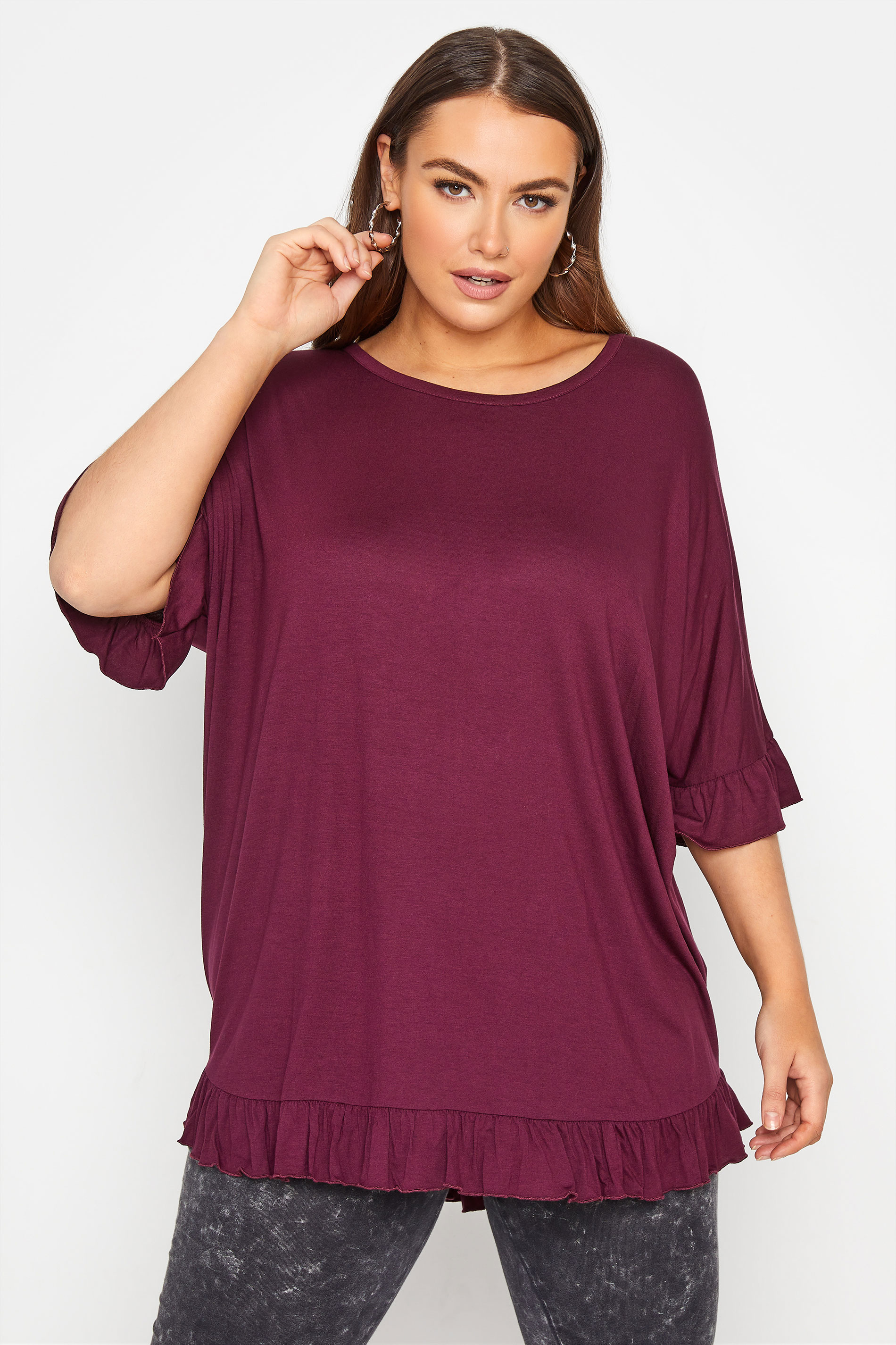 LIMITED COLLECTION Curve Berry Purple Frill Jersey T-Shirt_A.jpg