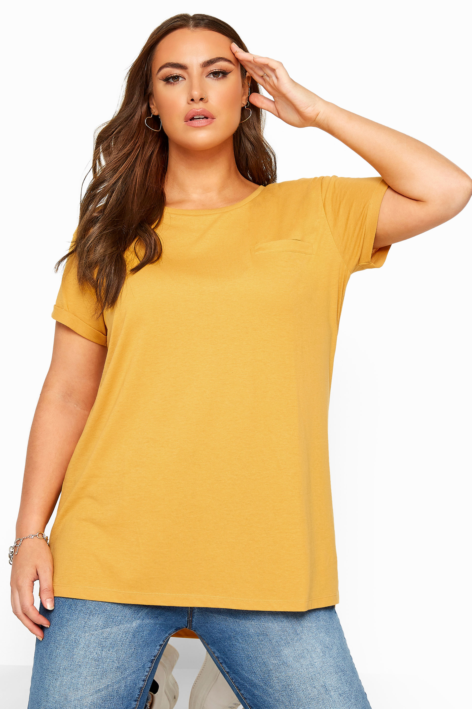 Download Mustard Yellow Mock Pocket Dipped Hem T-Shirt | Yours Clothing