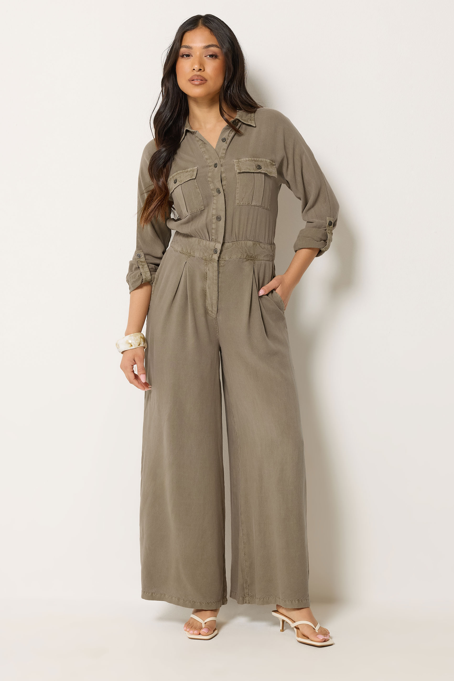 PixieGirl Petite Women's Stone Brown Acid Wash Wide Leg Jumpsuit | PixieGirl 3